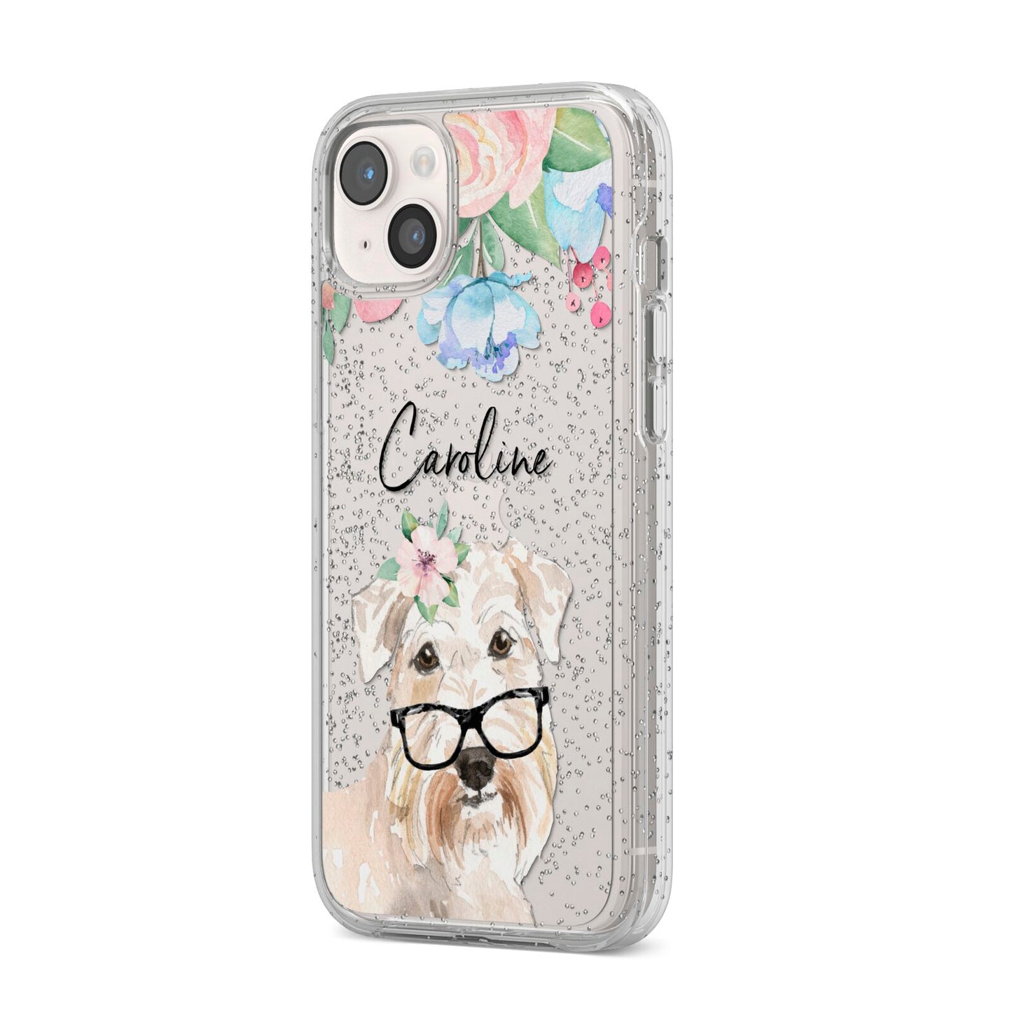 Personalised Wheaten Terrier iPhone 14 Plus Glitter Tough Case Starlight Angled Image