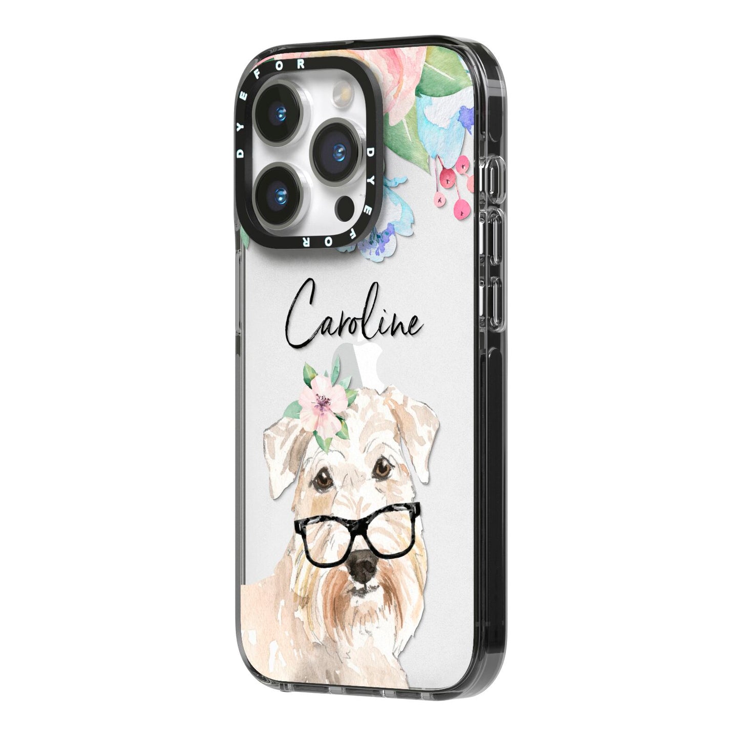 Personalised Wheaten Terrier iPhone 14 Pro Black Impact Case Side Angle on Silver phone