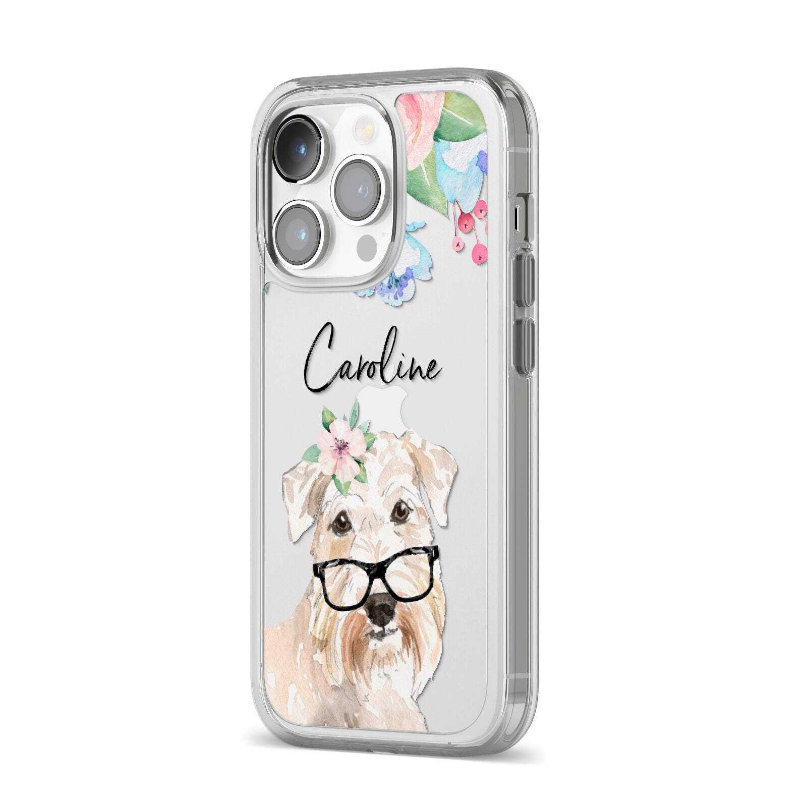 Personalised Wheaten Terrier iPhone 14 Pro Clear Tough Case Silver Angled Image