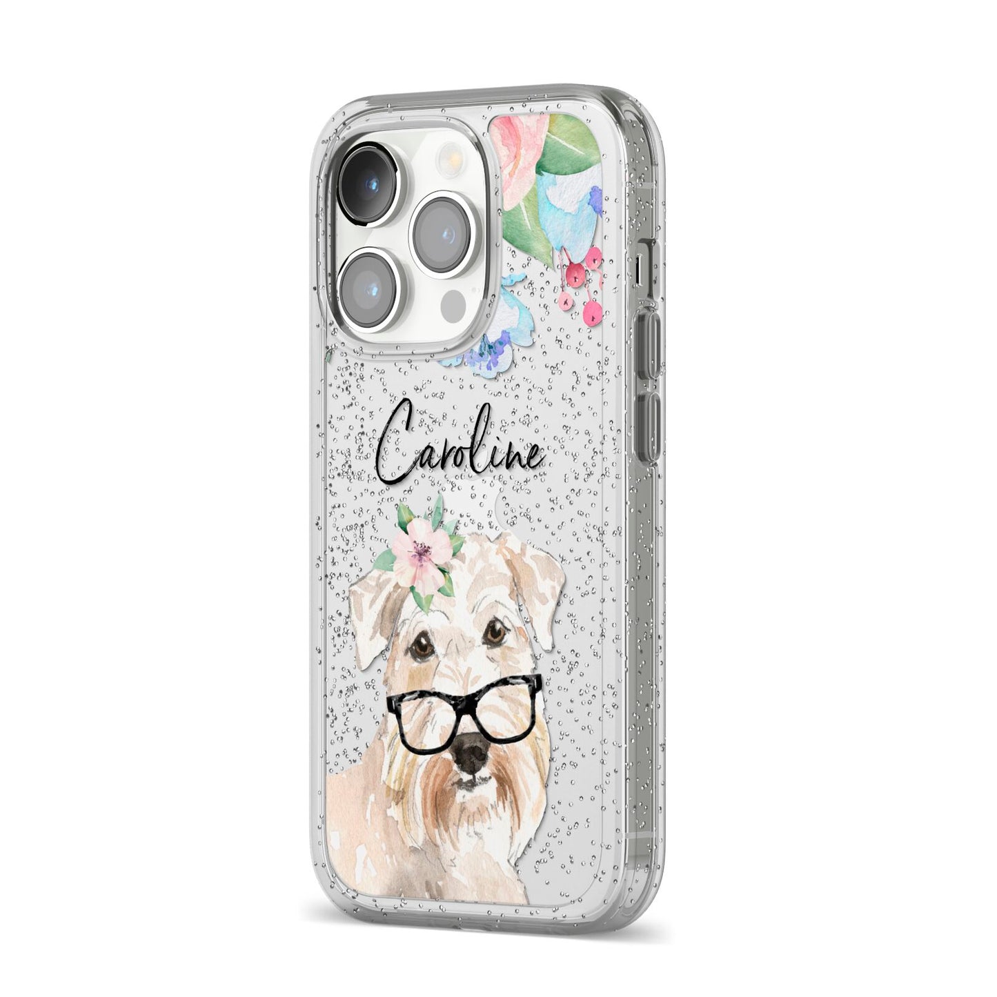 Personalised Wheaten Terrier iPhone 14 Pro Glitter Tough Case Silver Angled Image