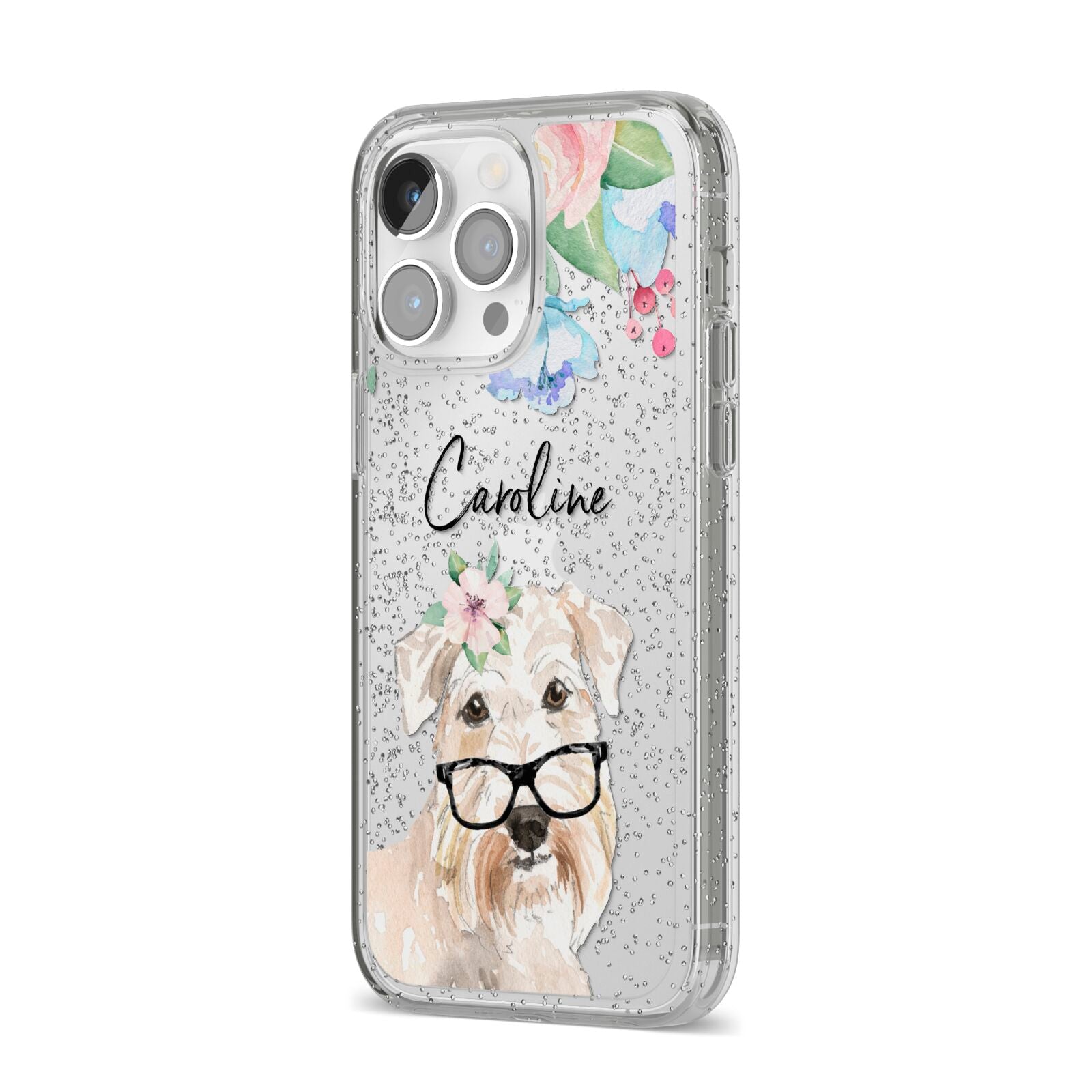 Personalised Wheaten Terrier iPhone 14 Pro Max Glitter Tough Case Silver Angled Image