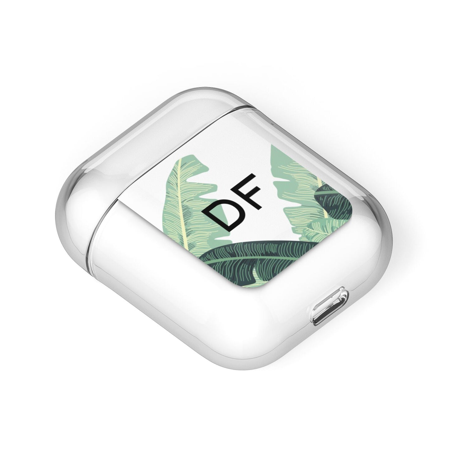 Personalised White Banana Leaf AirPods Case Laid Flat