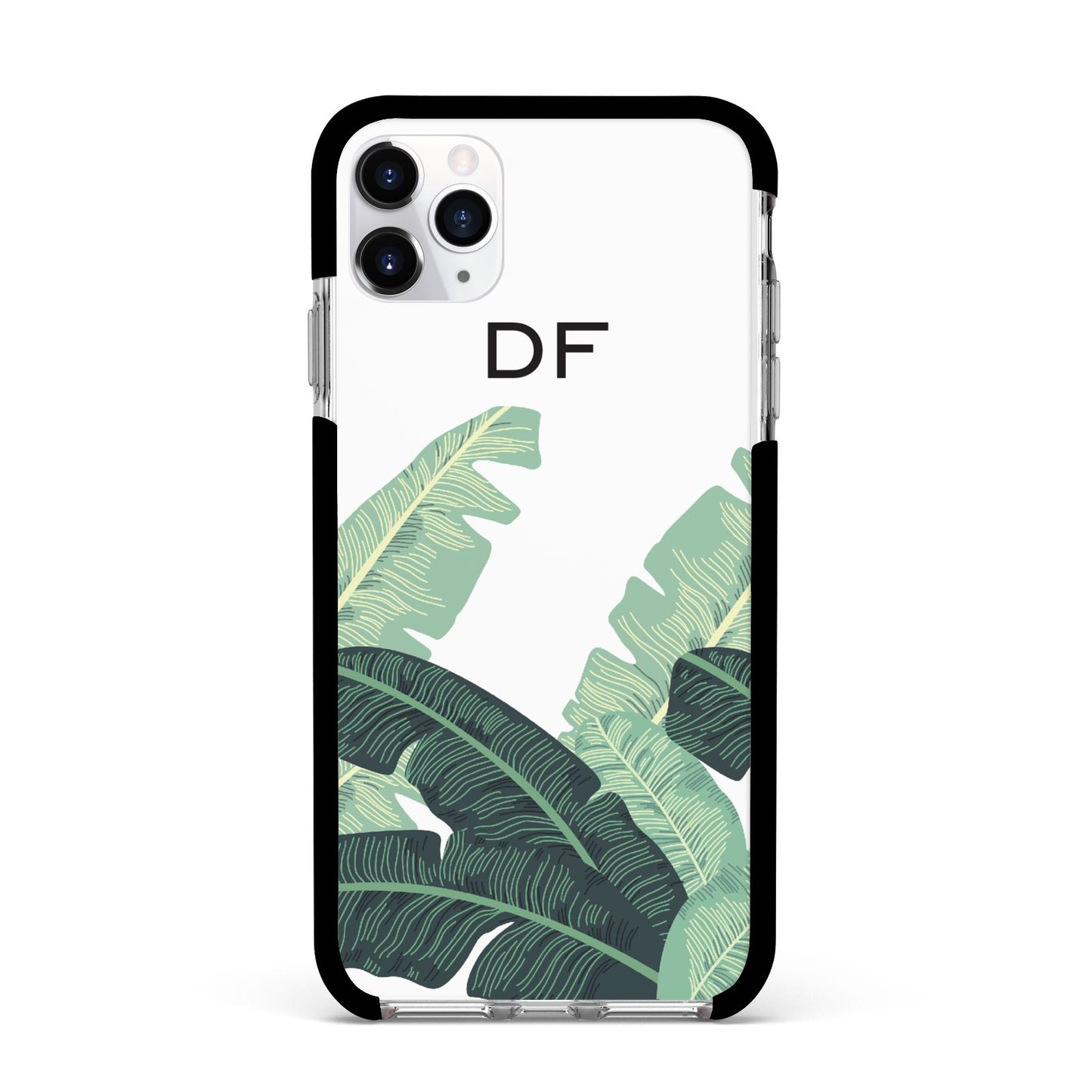 Personalised White Banana Leaf Apple iPhone 11 Pro Max in Silver with Black Impact Case