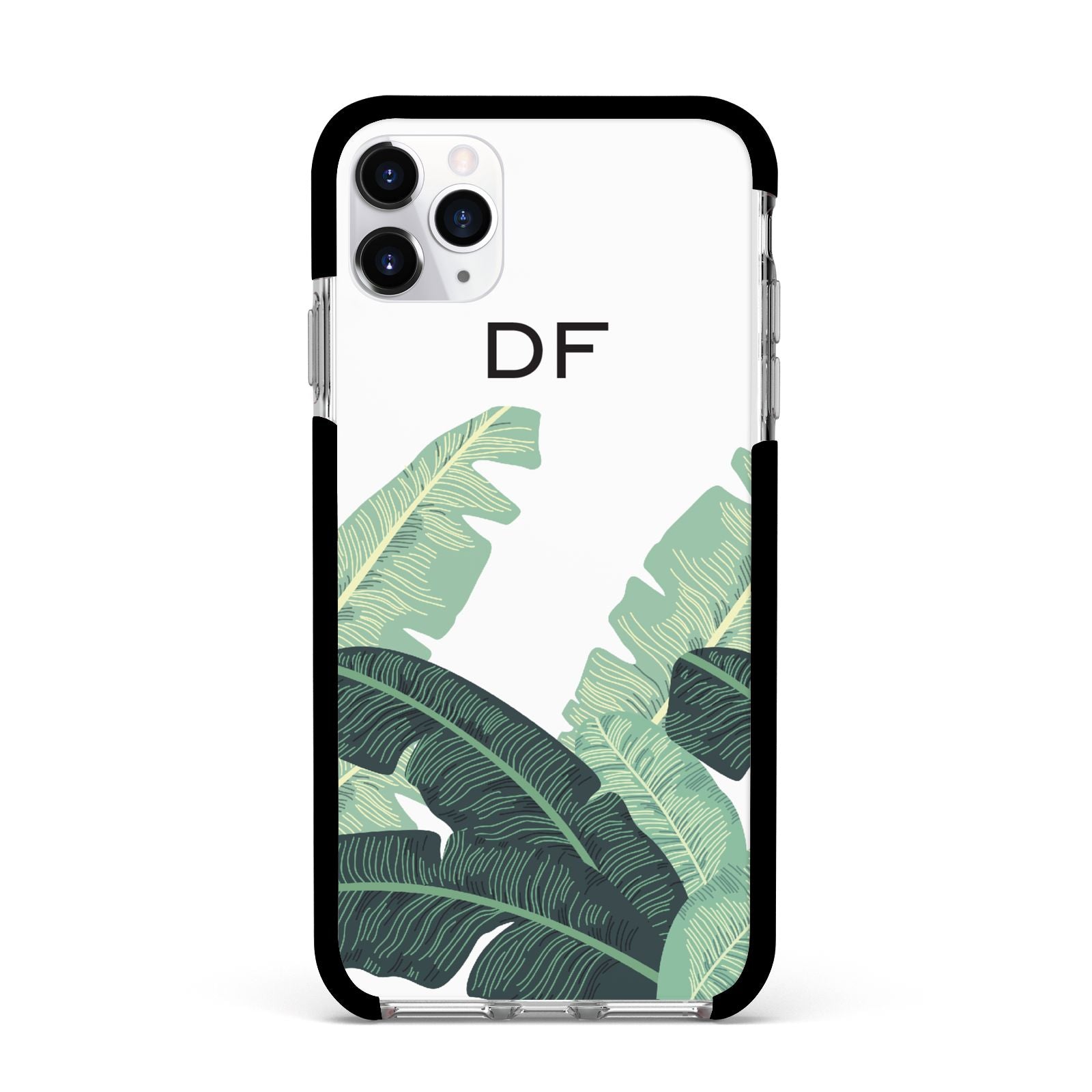 Personalised White Banana Leaf Apple iPhone 11 Pro Max in Silver with Black Impact Case