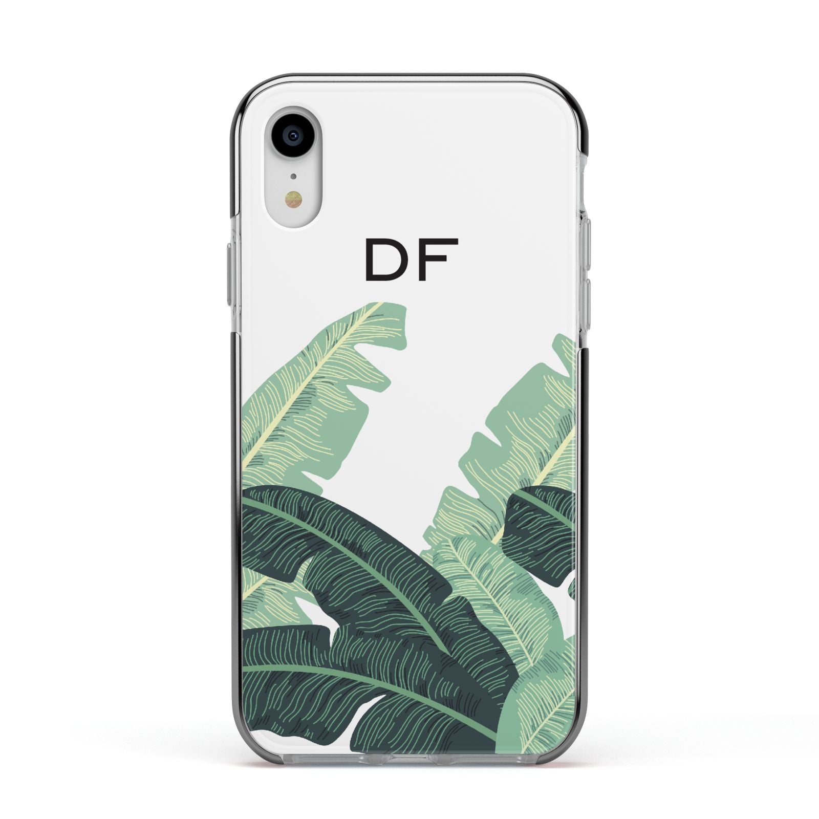 Personalised White Banana Leaf Apple iPhone XR Impact Case Black Edge on Silver Phone