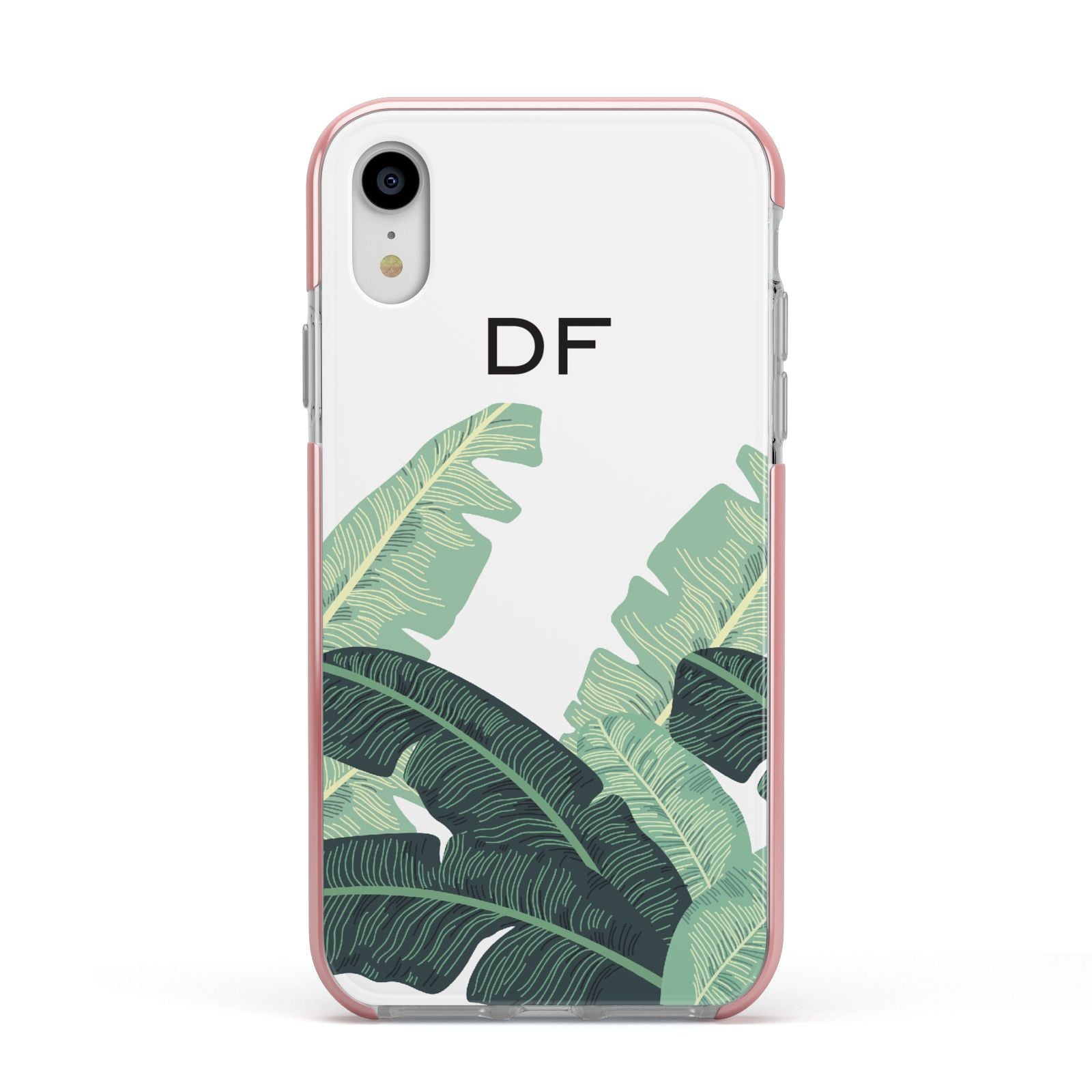 Personalised White Banana Leaf Apple iPhone XR Impact Case Pink Edge on Silver Phone