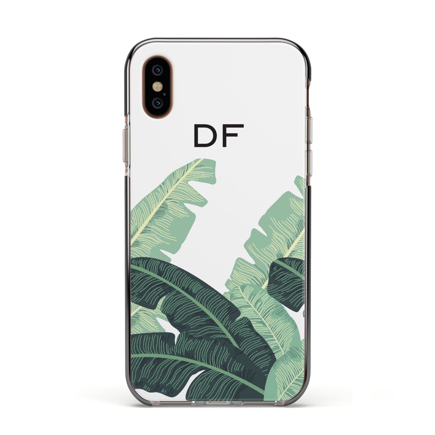 Personalised White Banana Leaf Apple iPhone Xs Impact Case Black Edge on Gold Phone