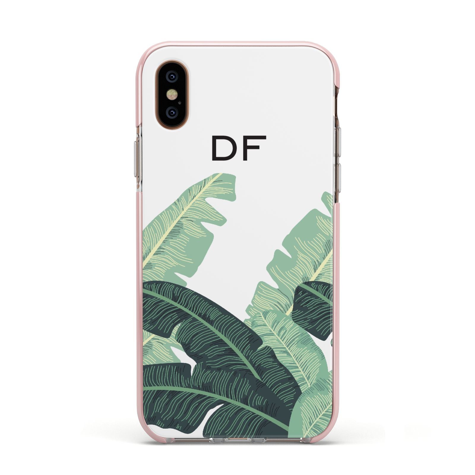 Personalised White Banana Leaf Apple iPhone Xs Impact Case Pink Edge on Gold Phone