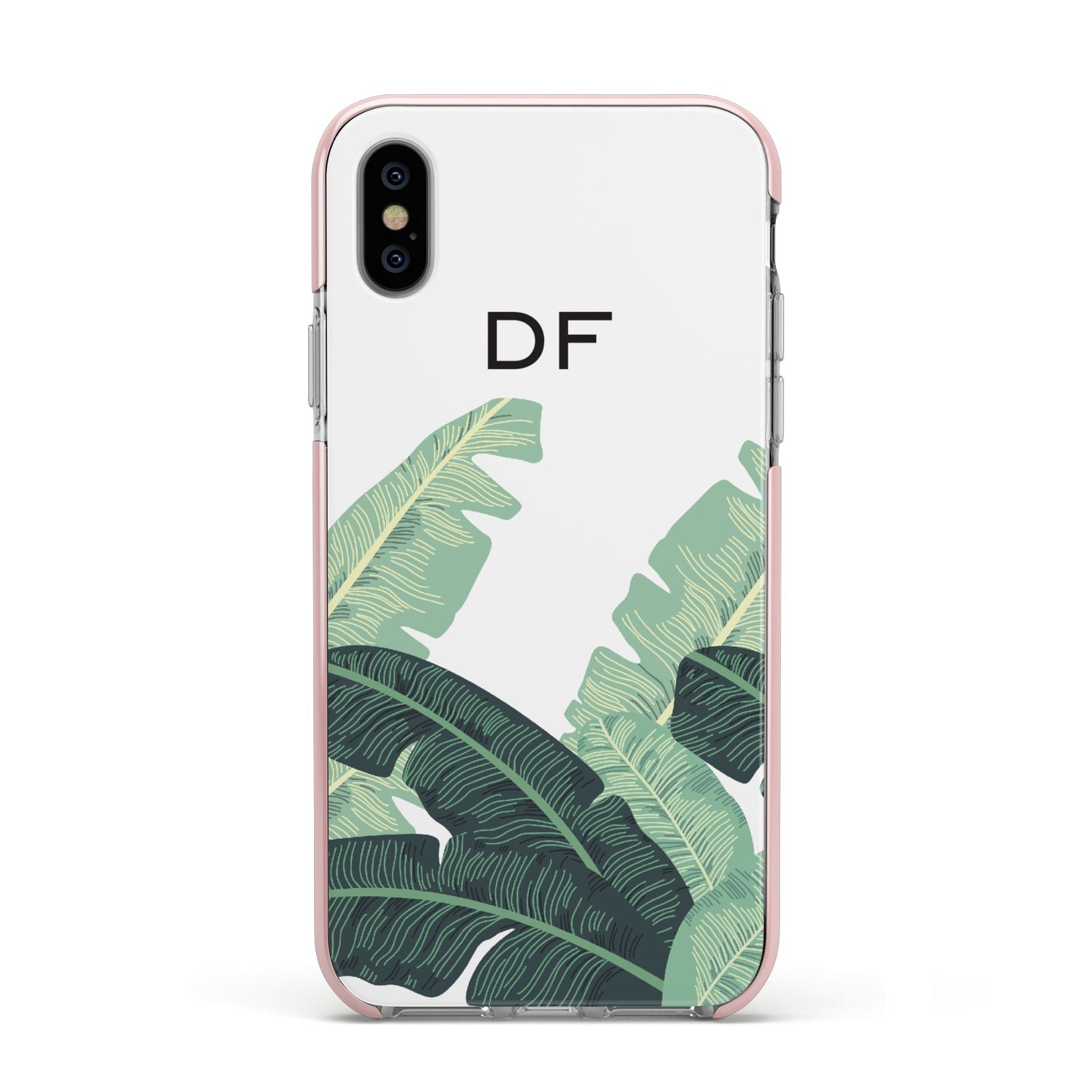 Personalised White Banana Leaf Apple iPhone Xs Impact Case Pink Edge on Silver Phone