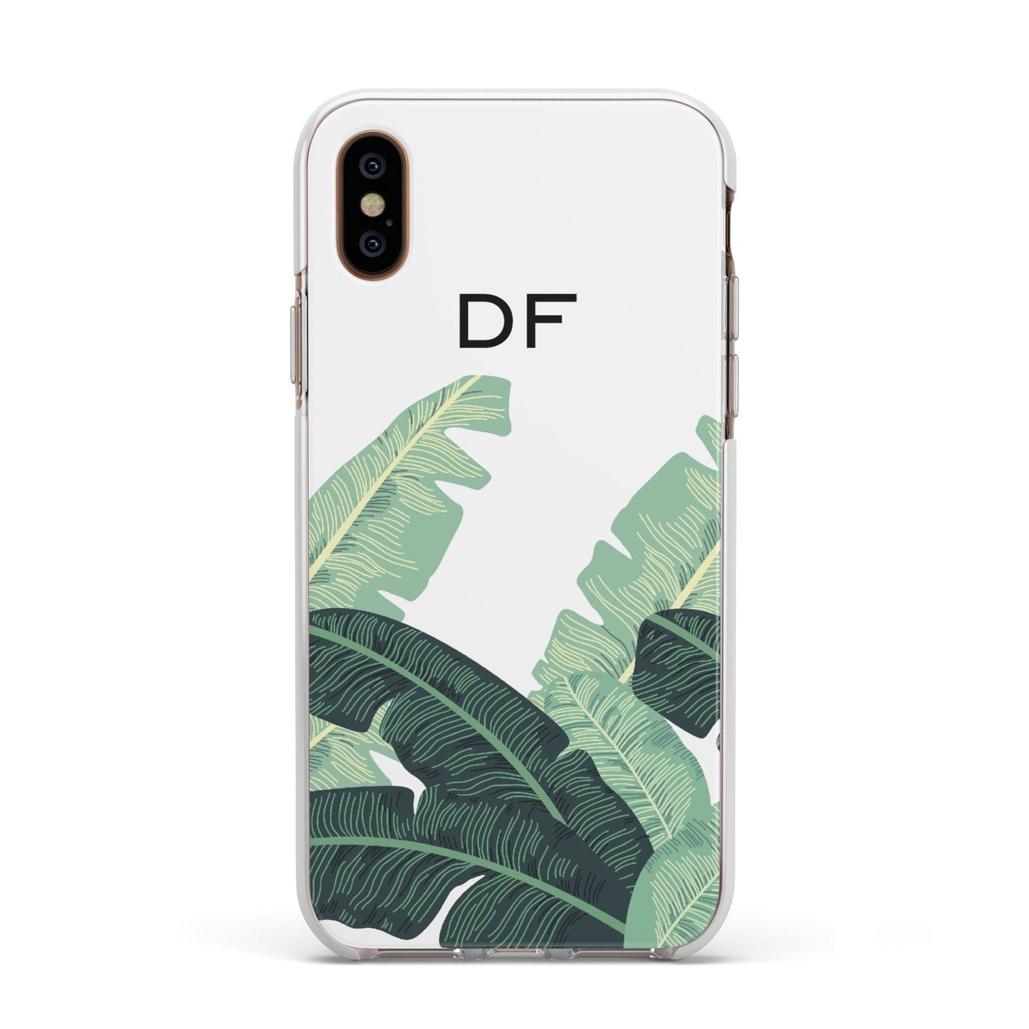 Personalised White Banana Leaf Apple iPhone Xs Impact Case White Edge on Gold Phone