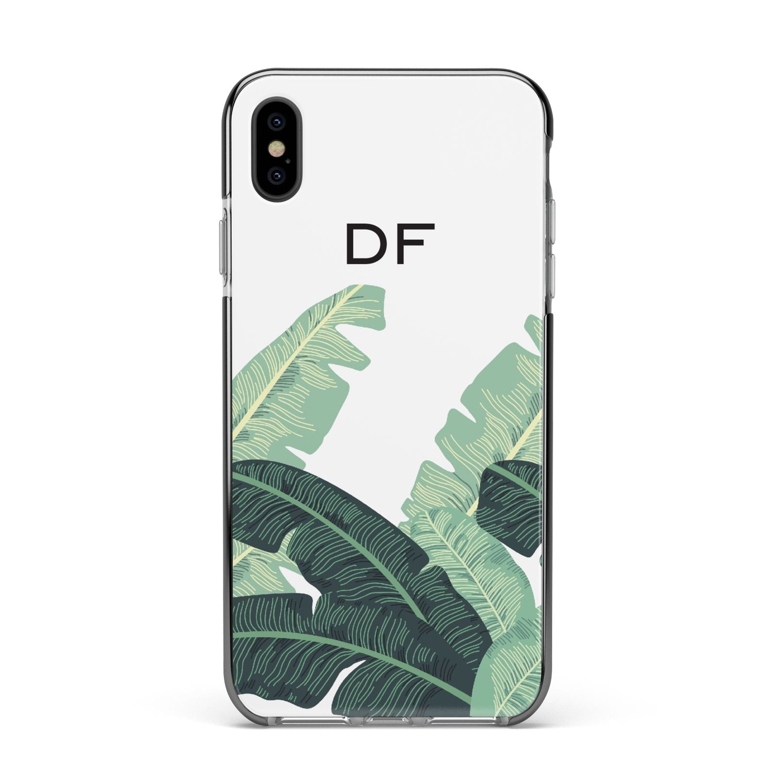 Personalised White Banana Leaf Apple iPhone Xs Max Impact Case Black Edge on Black Phone