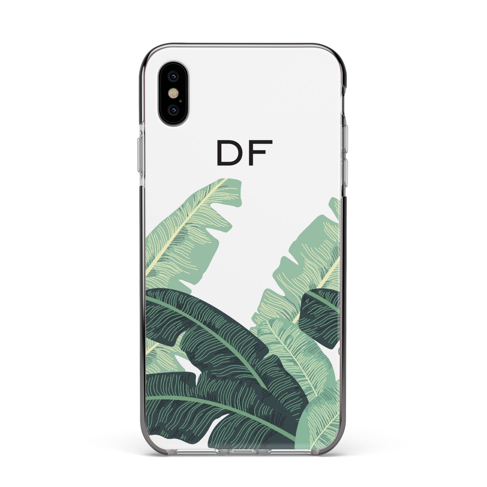 Personalised White Banana Leaf Apple iPhone Xs Max Impact Case Black Edge on Silver Phone
