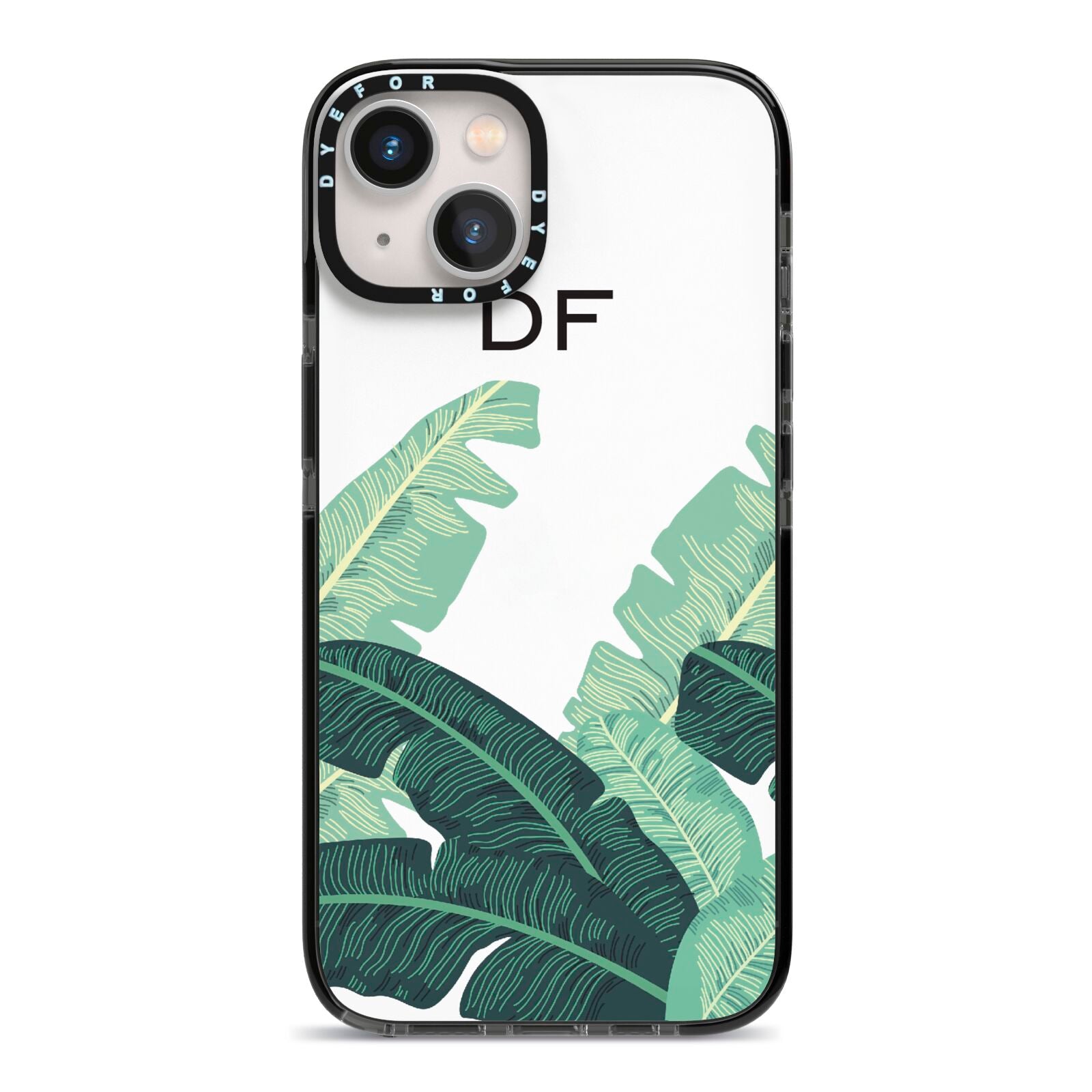 Personalised White Banana Leaf iPhone 13 Black Impact Case on Silver phone