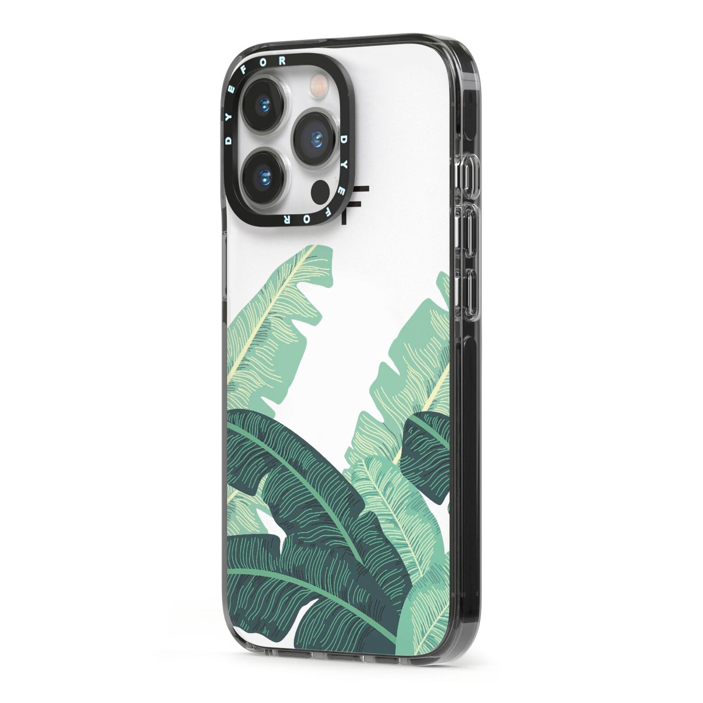 Personalised White Banana Leaf iPhone 13 Pro Black Impact Case Side Angle on Silver phone