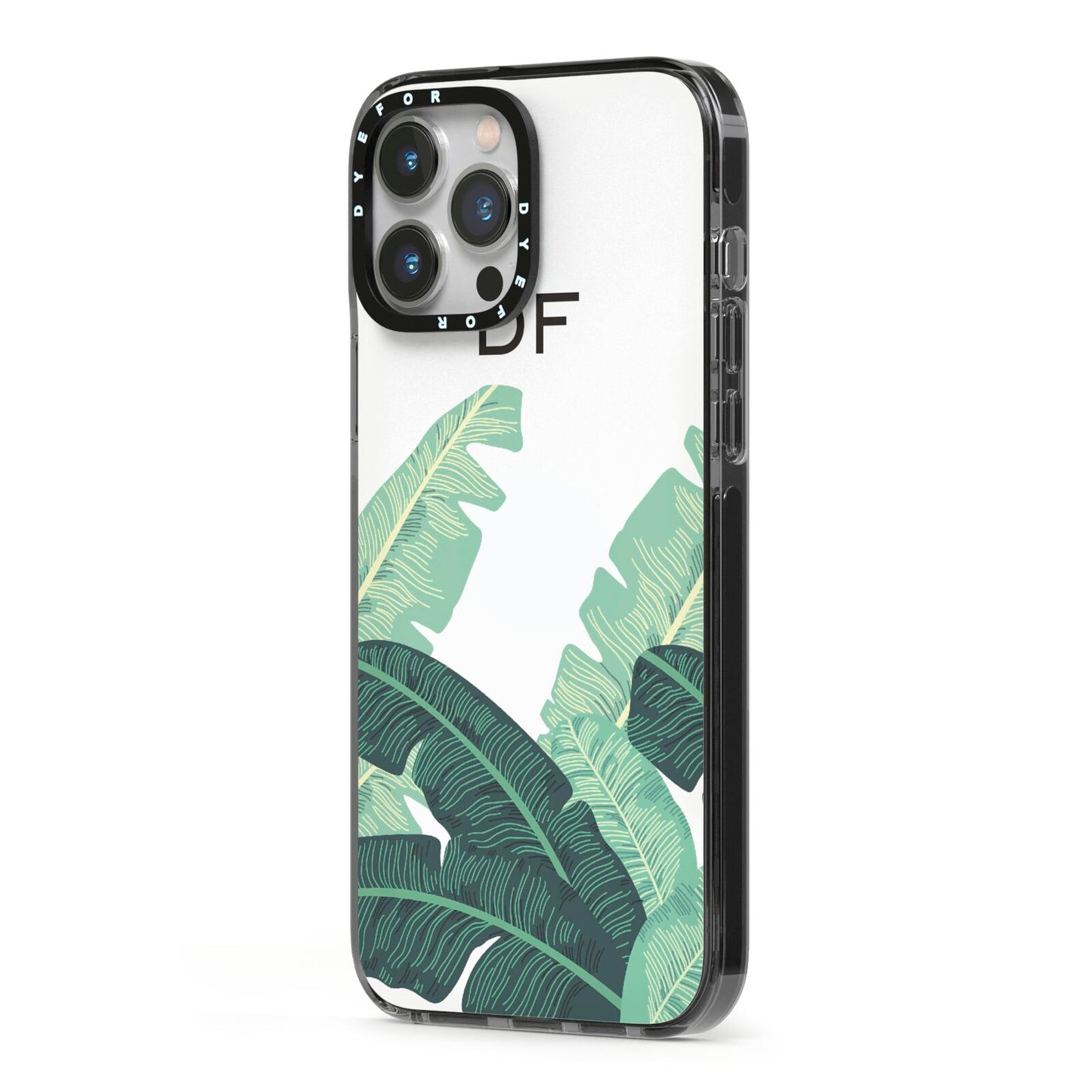 Personalised White Banana Leaf iPhone 13 Pro Max Black Impact Case Side Angle on Silver phone