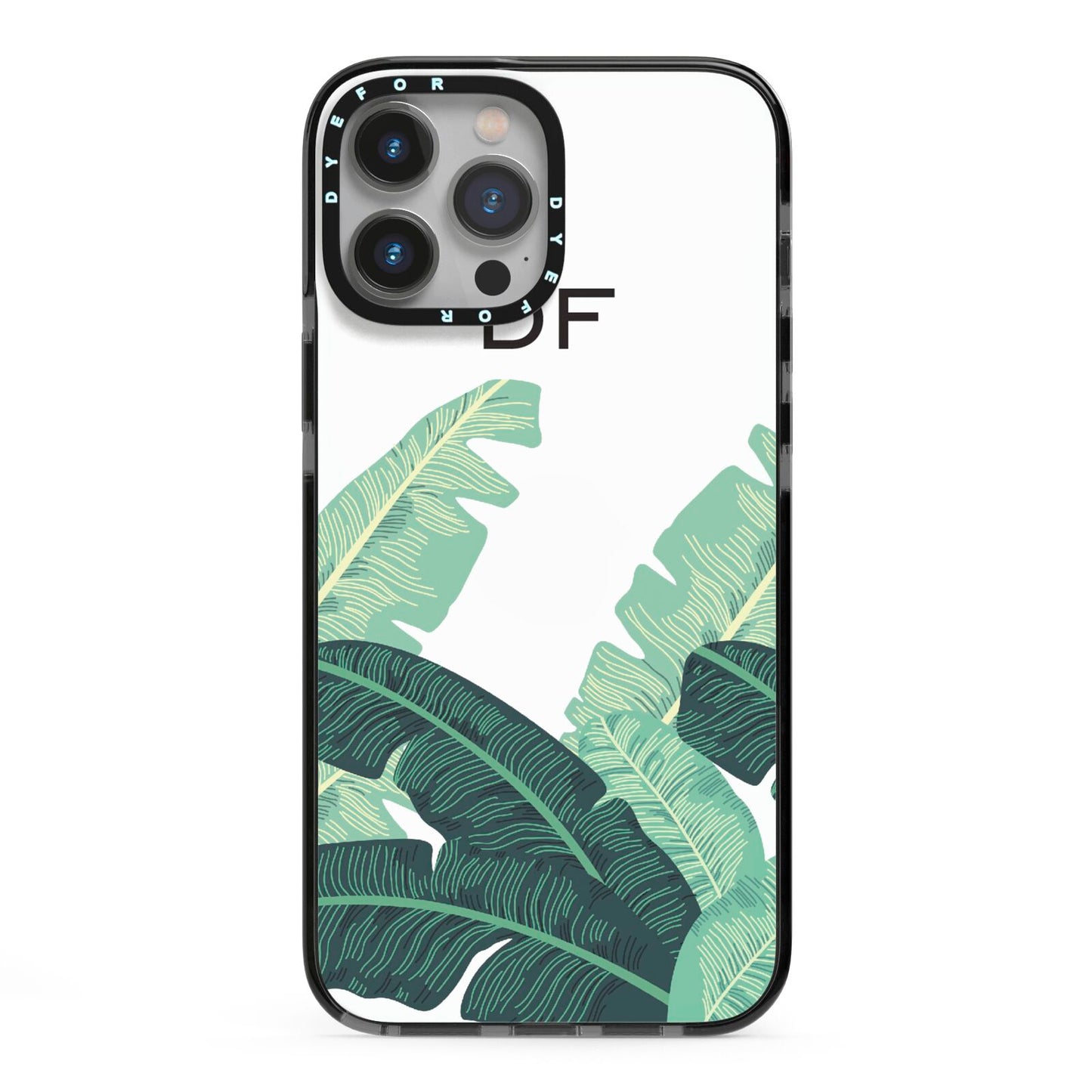 Personalised White Banana Leaf iPhone 13 Pro Max Black Impact Case on Silver phone