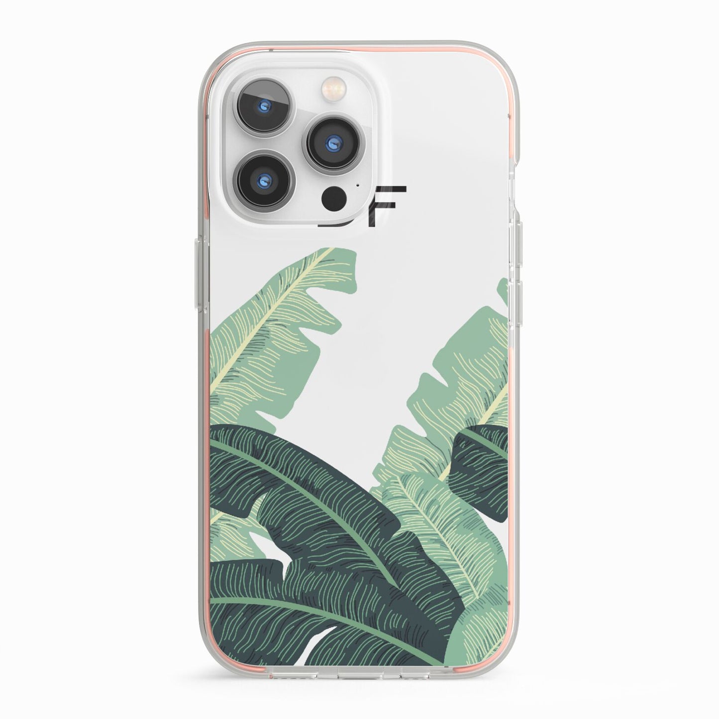 Personalised White Banana Leaf iPhone 13 Pro TPU Impact Case with Pink Edges