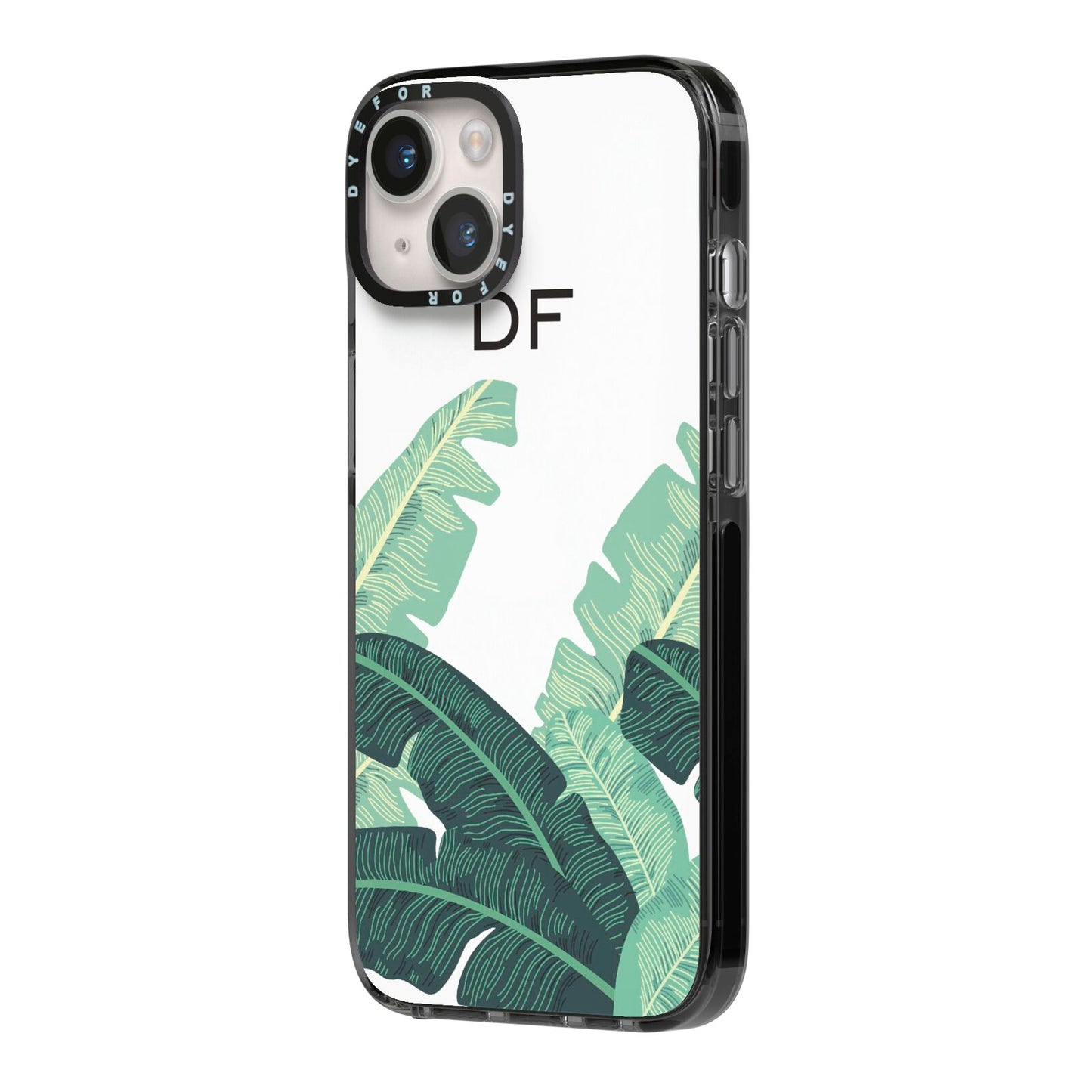 Personalised White Banana Leaf iPhone 14 Black Impact Case Side Angle on Silver phone