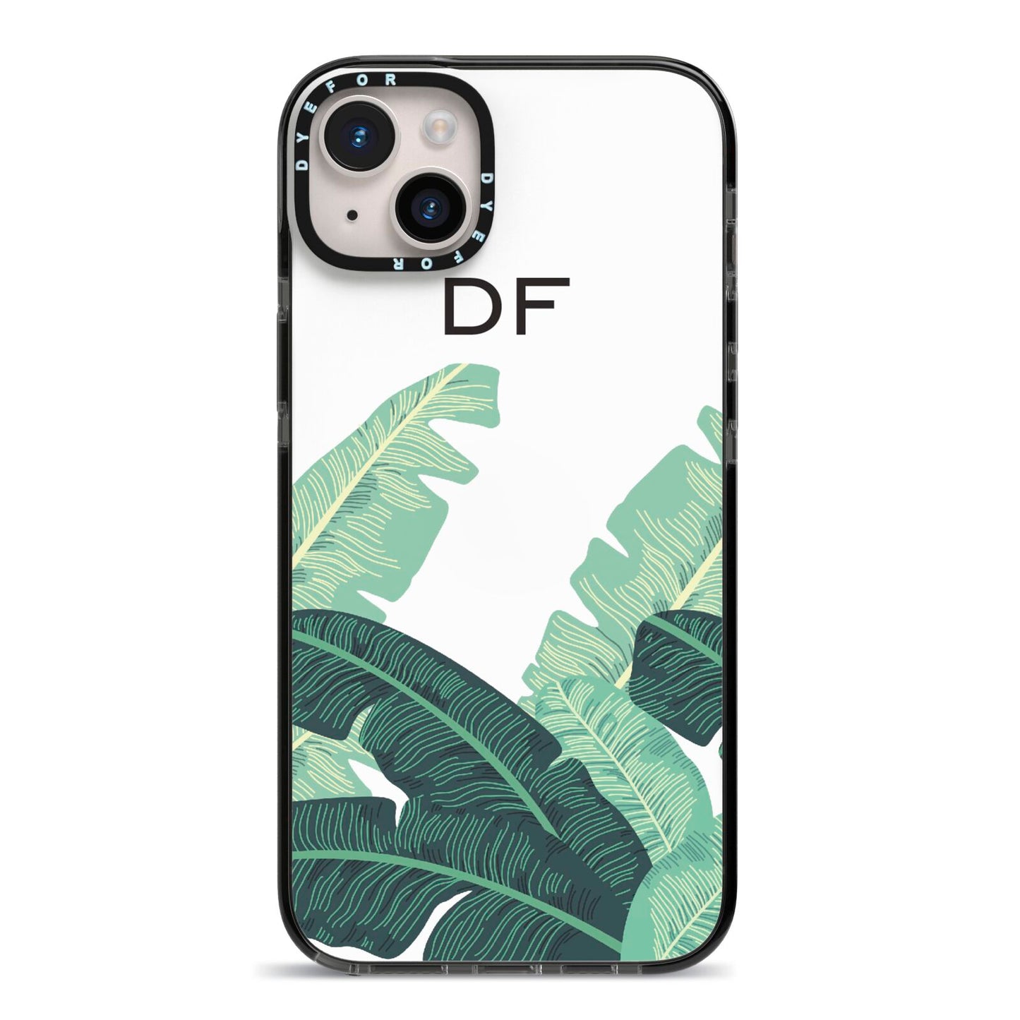 Personalised White Banana Leaf iPhone 14 Plus Black Impact Case on Silver phone