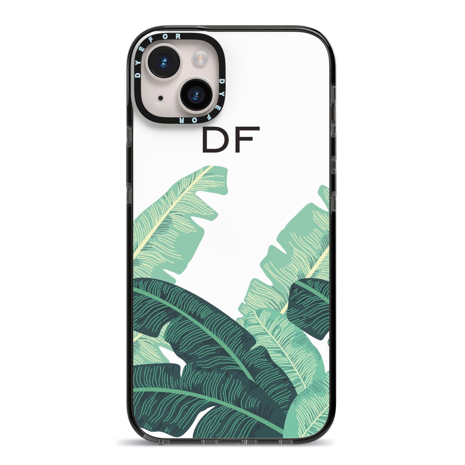 Personalised White Banana Leaf iPhone 14 Plus Black Impact Case on Silver phone