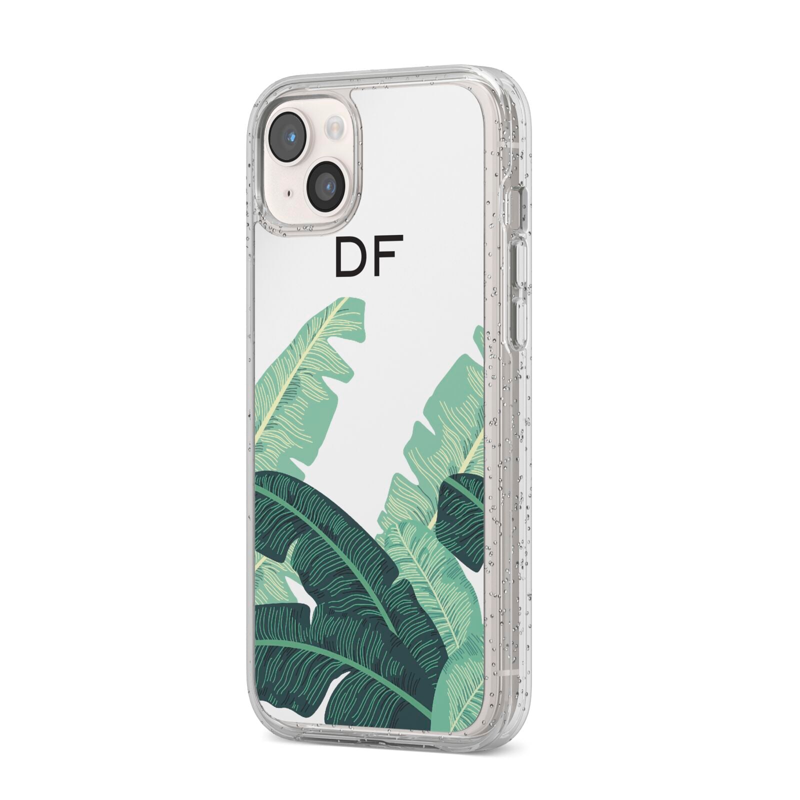 Personalised White Banana Leaf iPhone 14 Plus Glitter Tough Case Starlight Angled Image