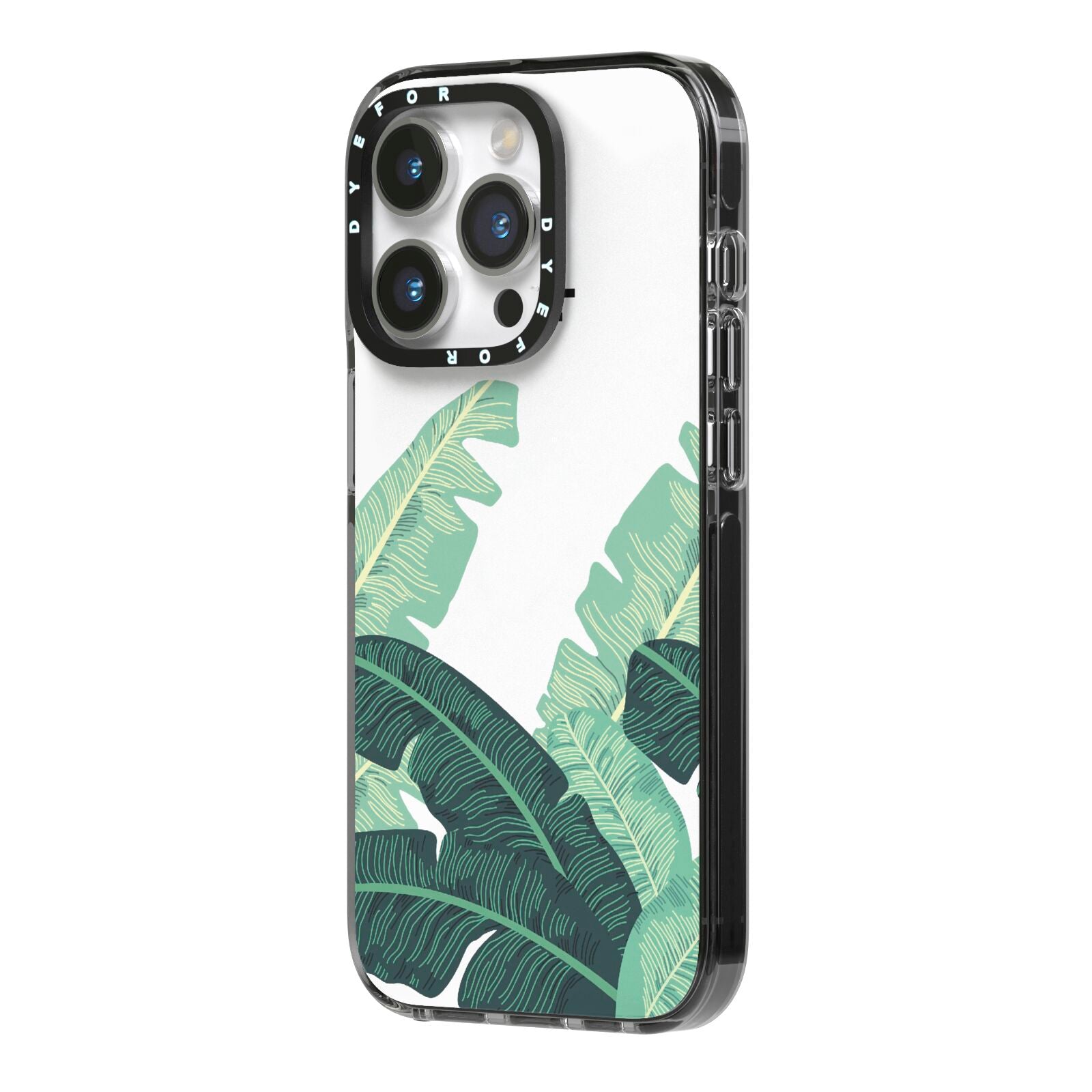 Personalised White Banana Leaf iPhone 14 Pro Black Impact Case Side Angle on Silver phone