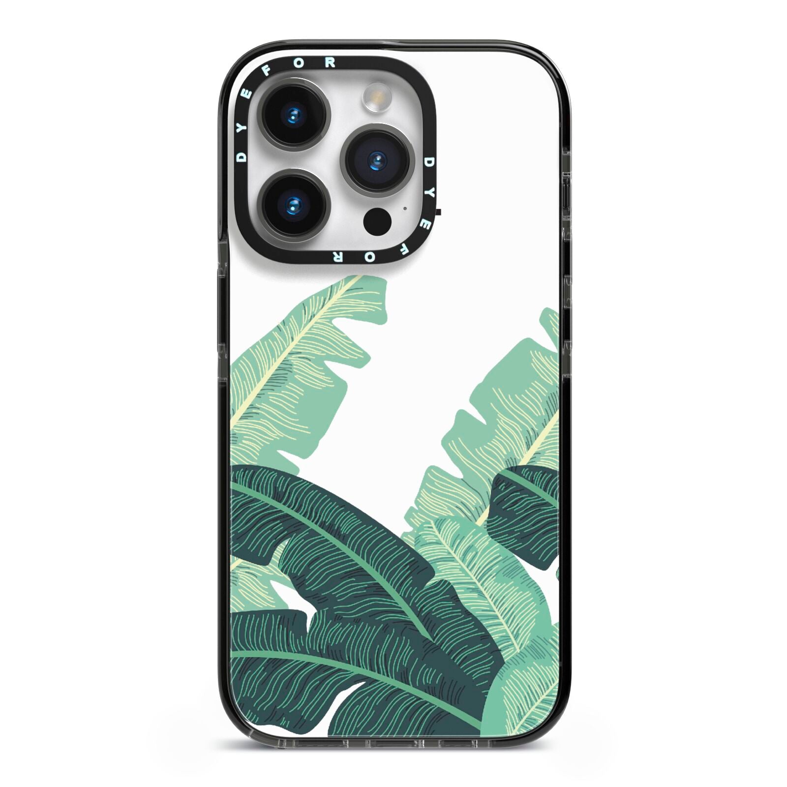 Personalised White Banana Leaf iPhone 14 Pro Black Impact Case on Silver phone