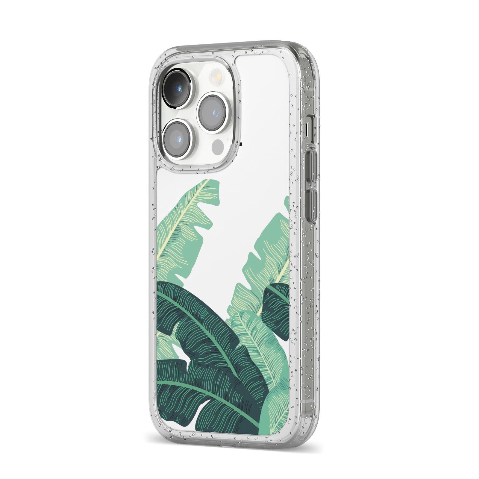 Personalised White Banana Leaf iPhone 14 Pro Glitter Tough Case Silver Angled Image
