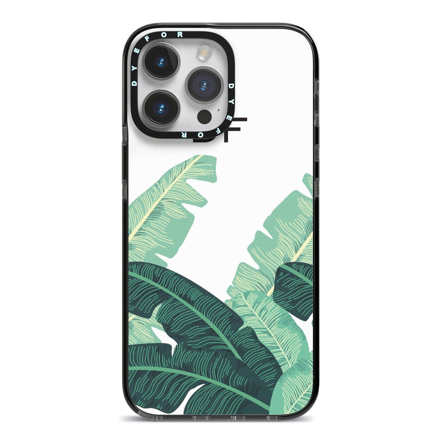 Personalised White Banana Leaf iPhone 14 Pro Max Black Impact Case on Silver phone