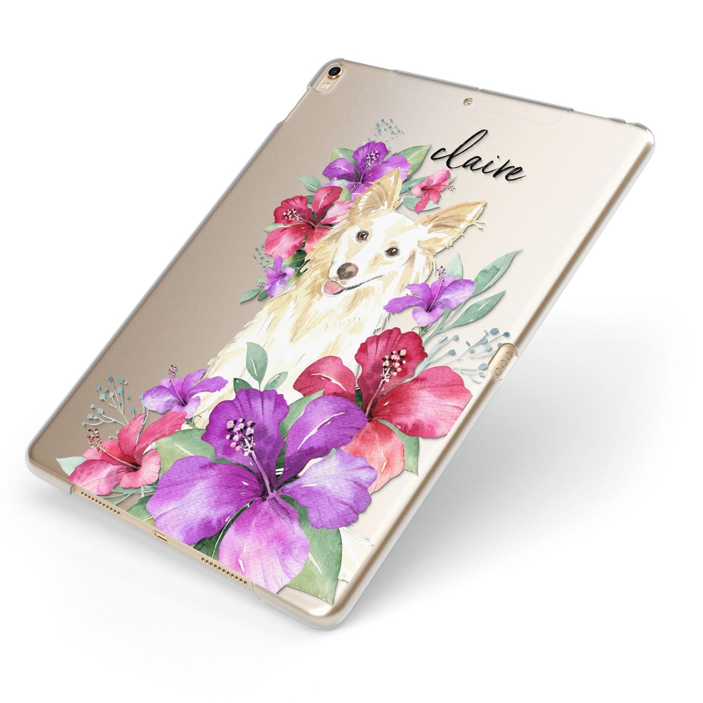 Personalised White Collie Apple iPad Case on Gold iPad Side View
