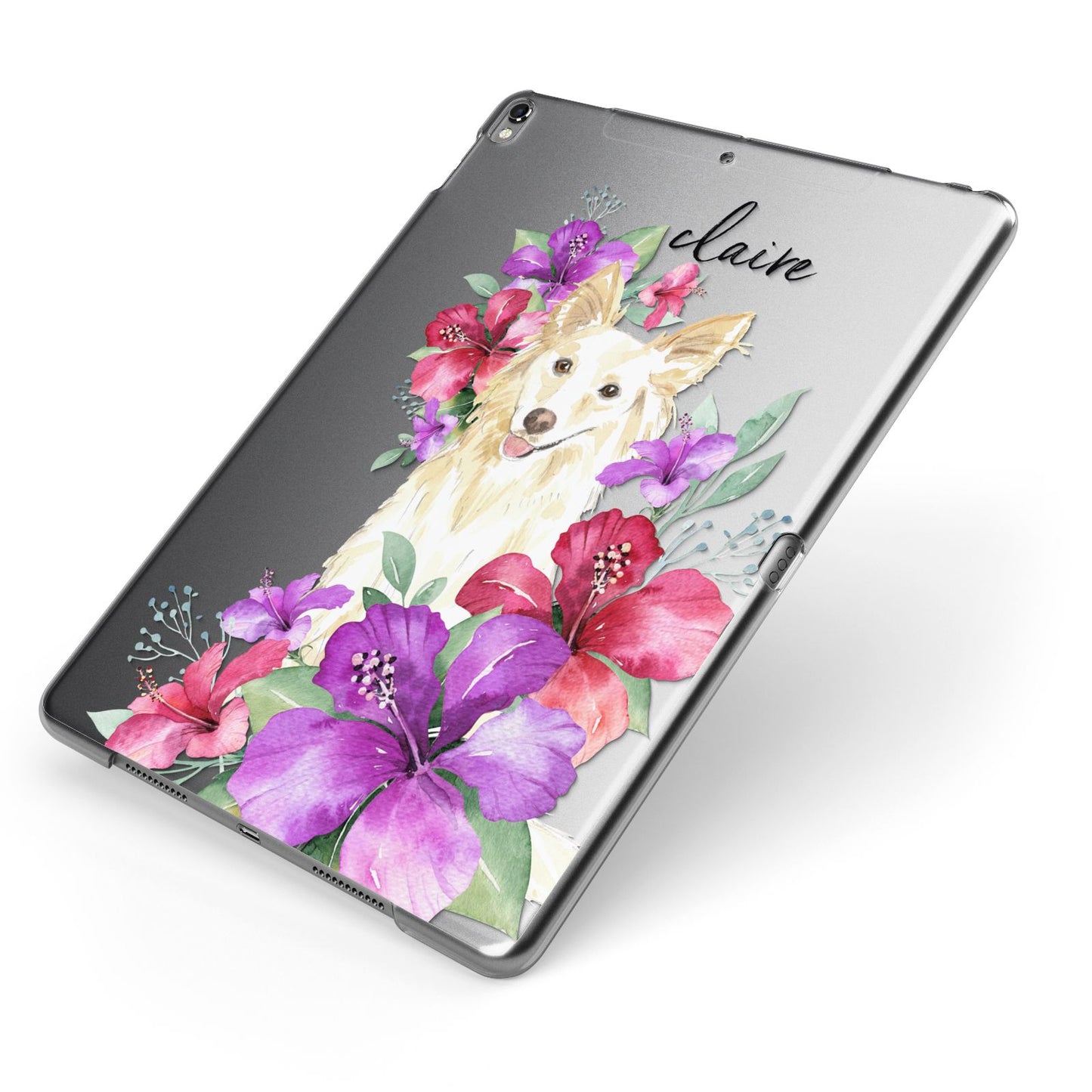 Personalised White Collie Apple iPad Case on Grey iPad Side View