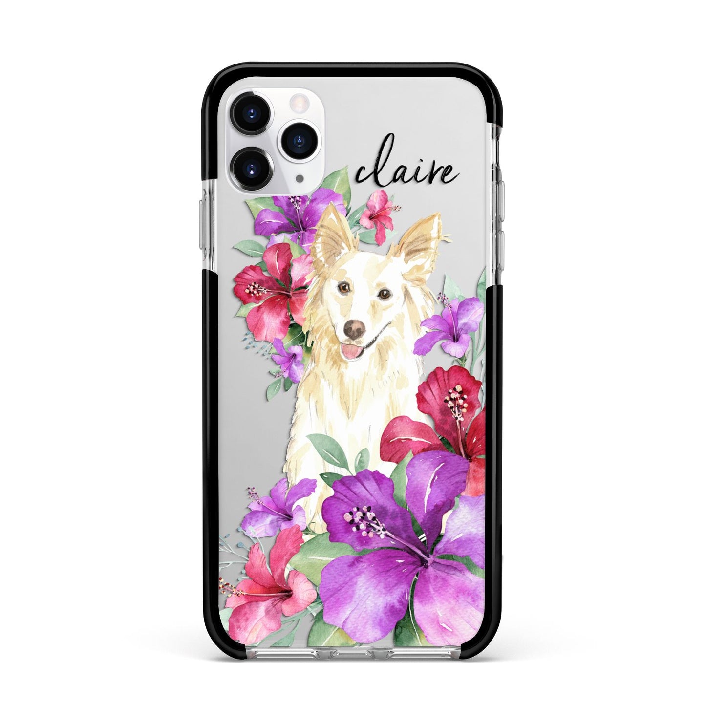 Personalised White Collie Apple iPhone 11 Pro Max in Silver with Black Impact Case
