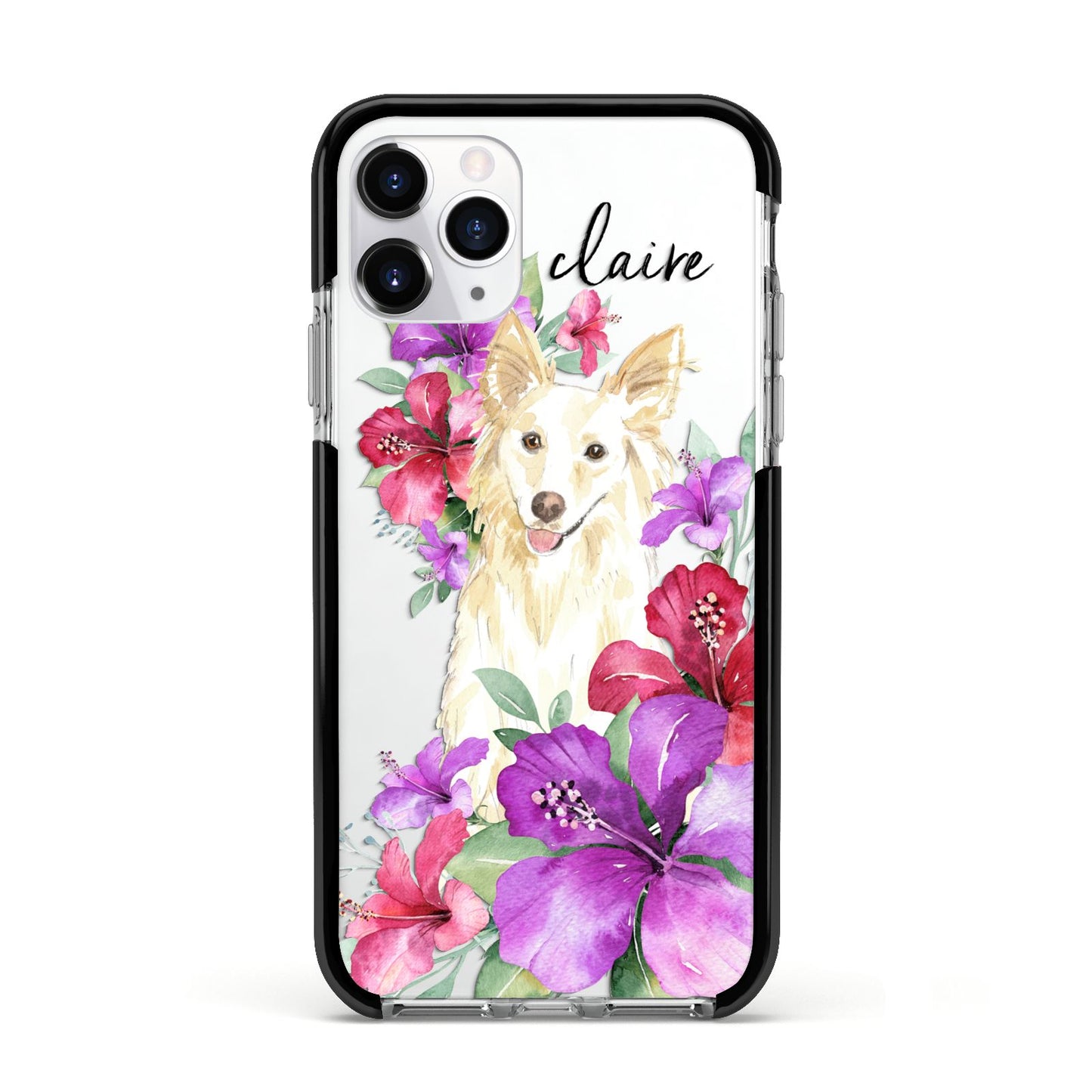 Personalised White Collie Apple iPhone 11 Pro in Silver with Black Impact Case