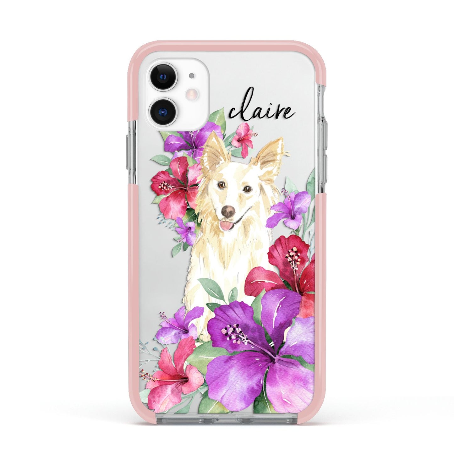 Personalised White Collie Apple iPhone 11 in White with Pink Impact Case