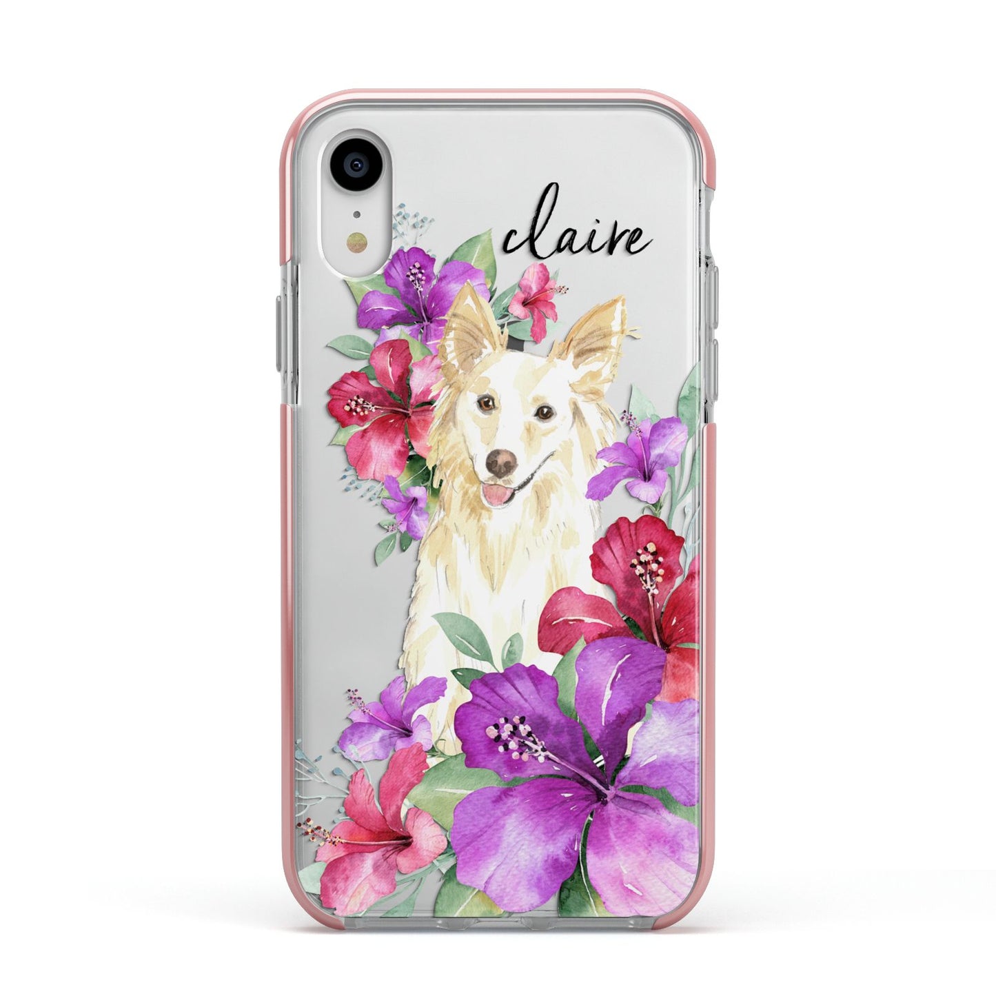 Personalised White Collie Apple iPhone XR Impact Case Pink Edge on Silver Phone