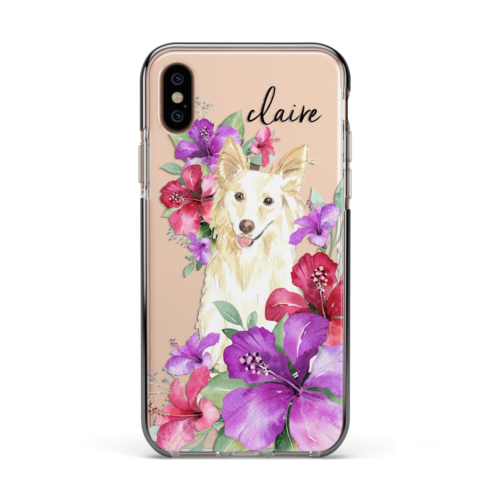 Personalised White Collie Apple iPhone Xs Impact Case Black Edge on Gold Phone