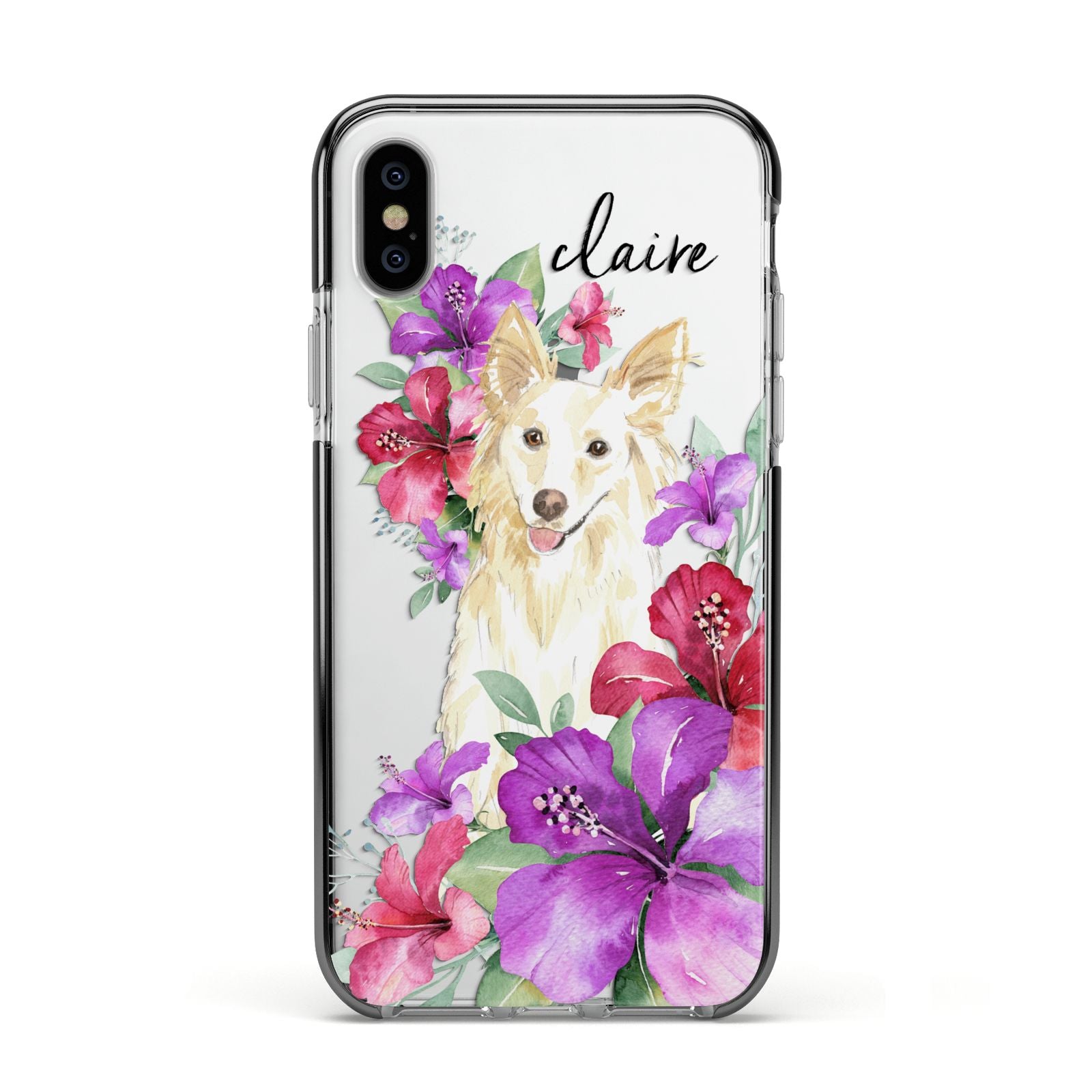 Personalised White Collie Apple iPhone Xs Impact Case Black Edge on Silver Phone