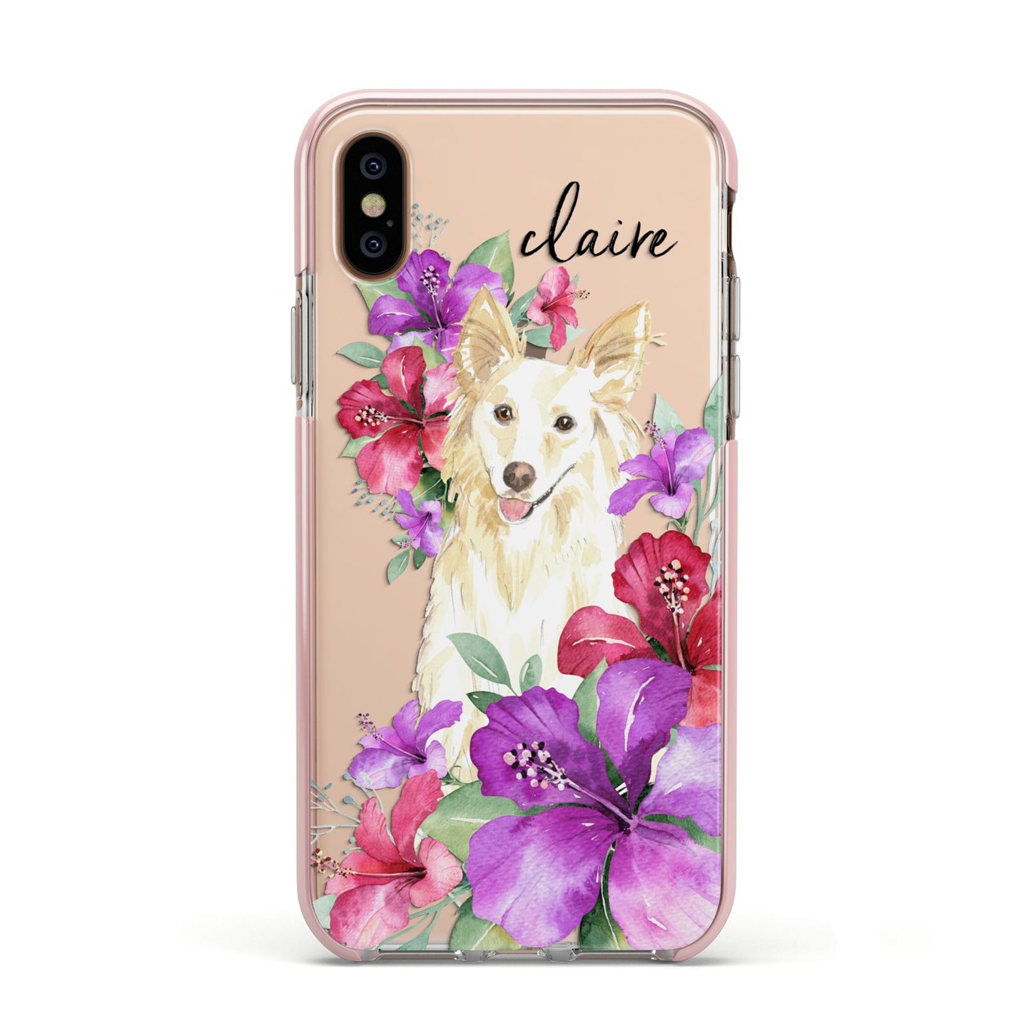 Personalised White Collie Apple iPhone Xs Impact Case Pink Edge on Gold Phone