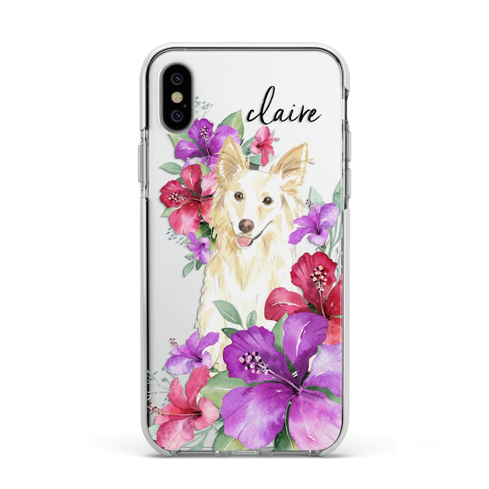 Personalised White Collie Apple iPhone Xs Impact Case White Edge on Silver Phone
