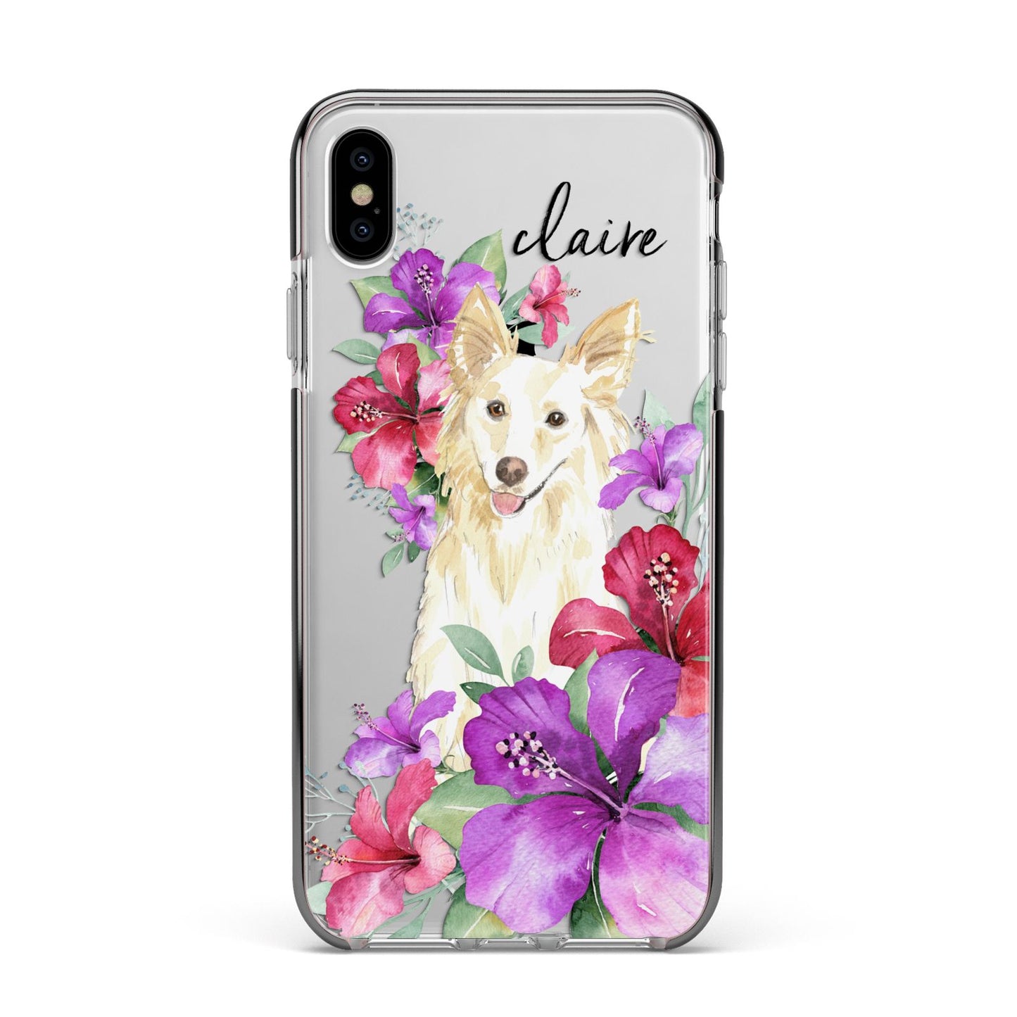 Personalised White Collie Apple iPhone Xs Max Impact Case Black Edge on Silver Phone