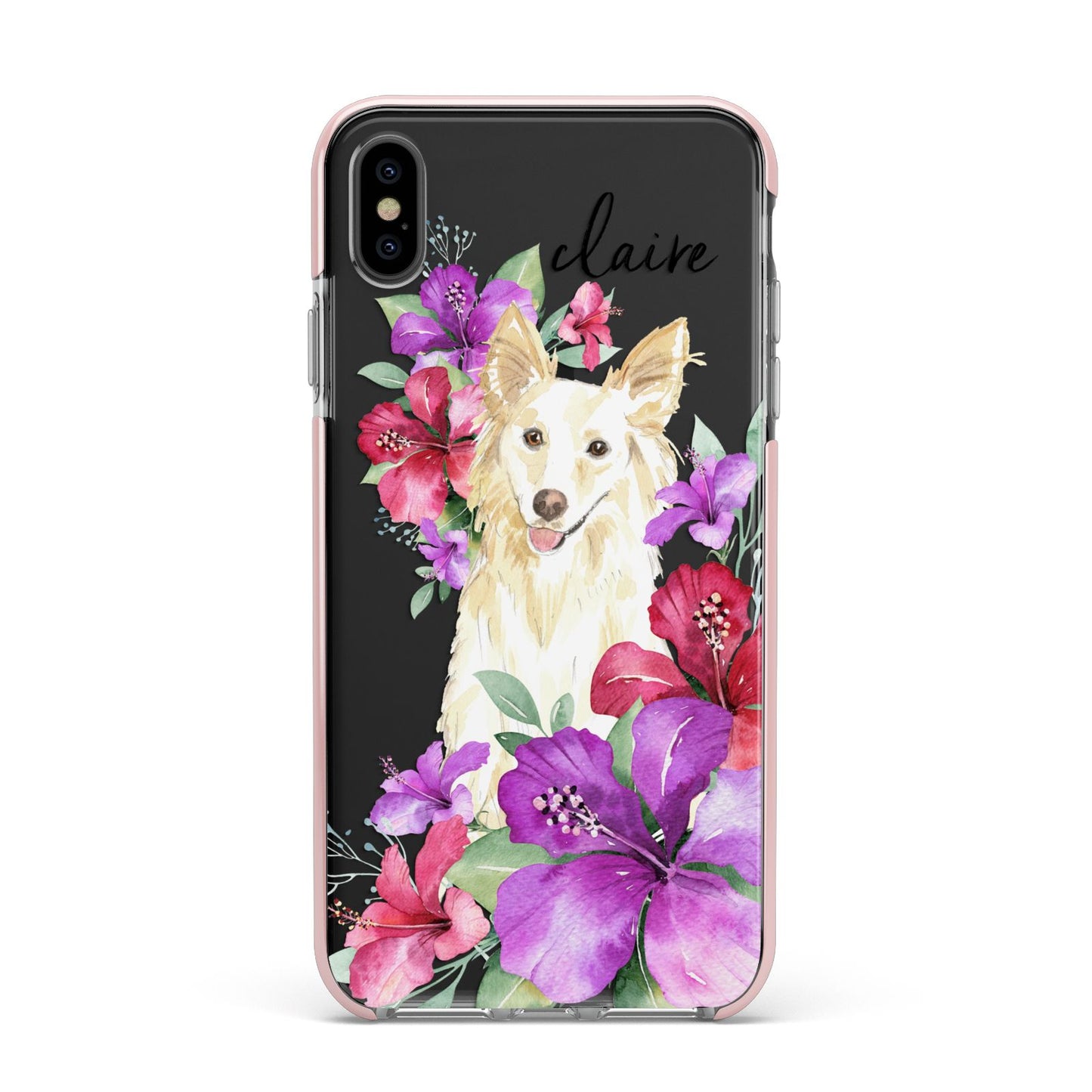 Personalised White Collie Apple iPhone Xs Max Impact Case Pink Edge on Black Phone