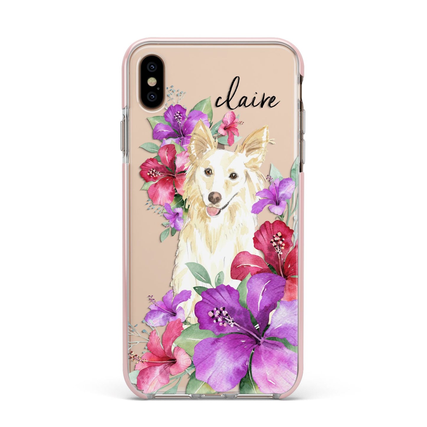 Personalised White Collie Apple iPhone Xs Max Impact Case Pink Edge on Gold Phone