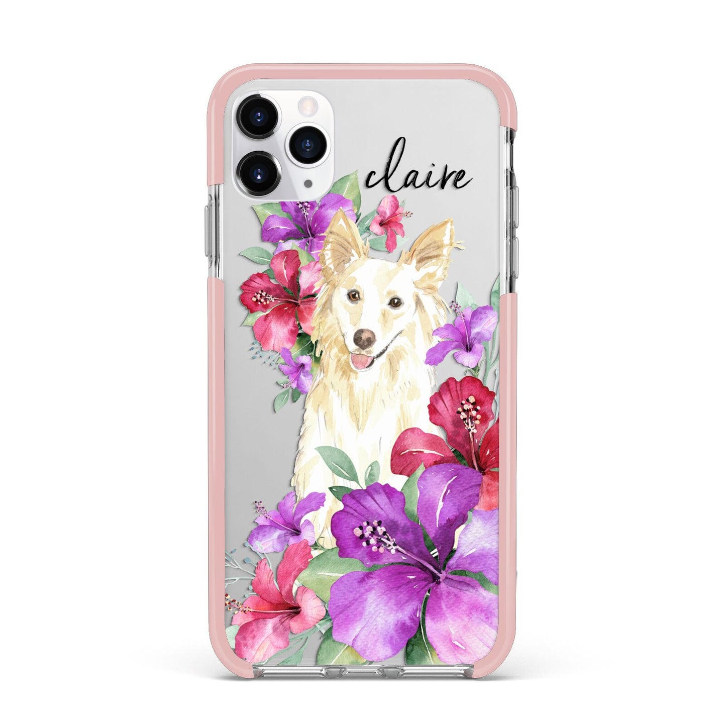 Personalised White Collie iPhone 11 Pro Max Impact Pink Edge Case