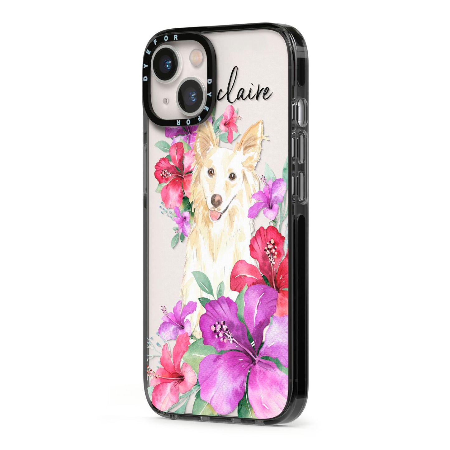 Personalised White Collie iPhone 13 Black Impact Case Side Angle on Silver phone