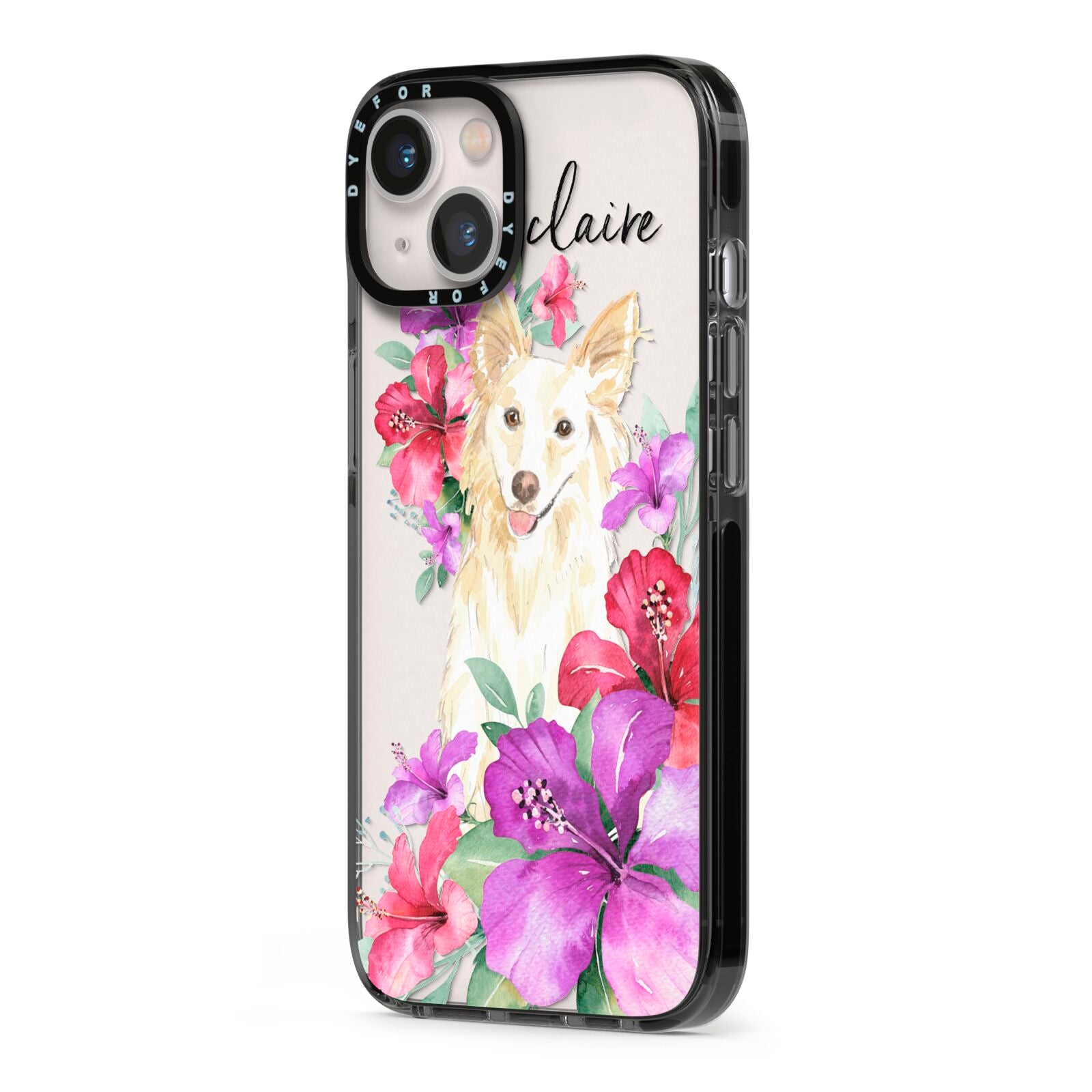 Personalised White Collie iPhone 13 Black Impact Case Side Angle on Silver phone