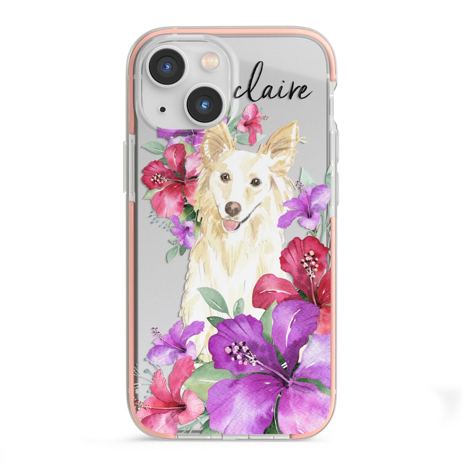 Personalised White Collie iPhone 13 Mini TPU Impact Case with Pink Edges