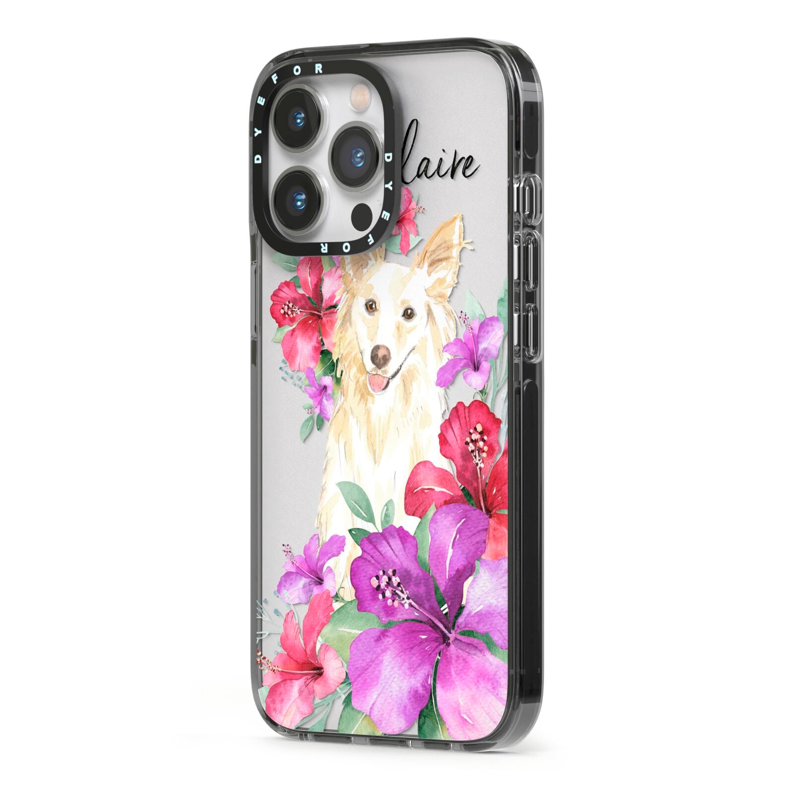 Personalised White Collie iPhone 13 Pro Black Impact Case Side Angle on Silver phone