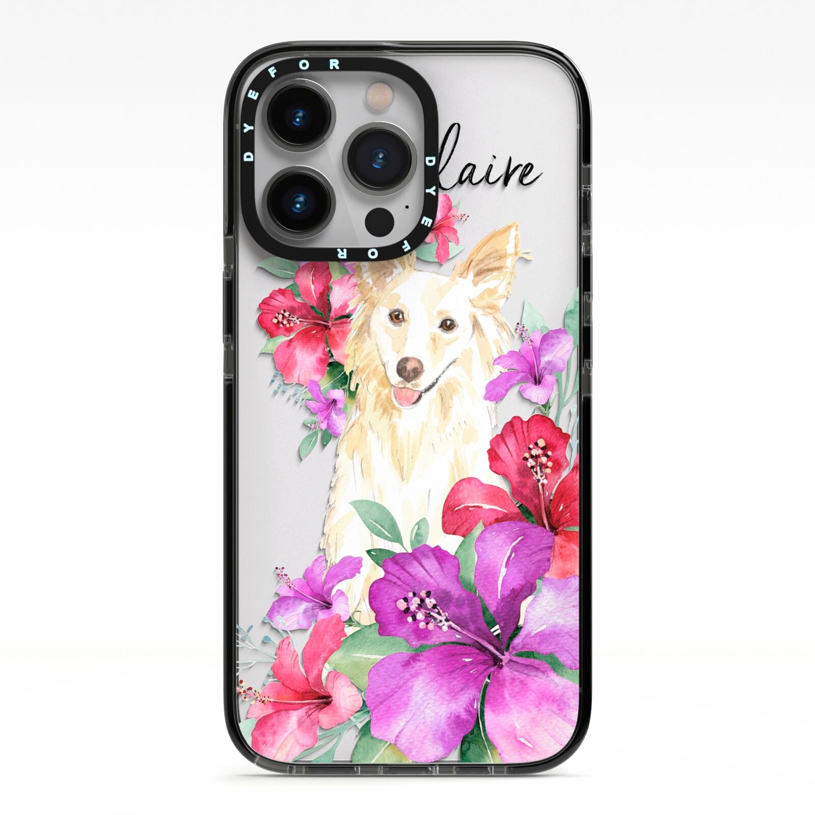 Personalised White Collie iPhone 13 Pro Black Impact Case on Silver phone