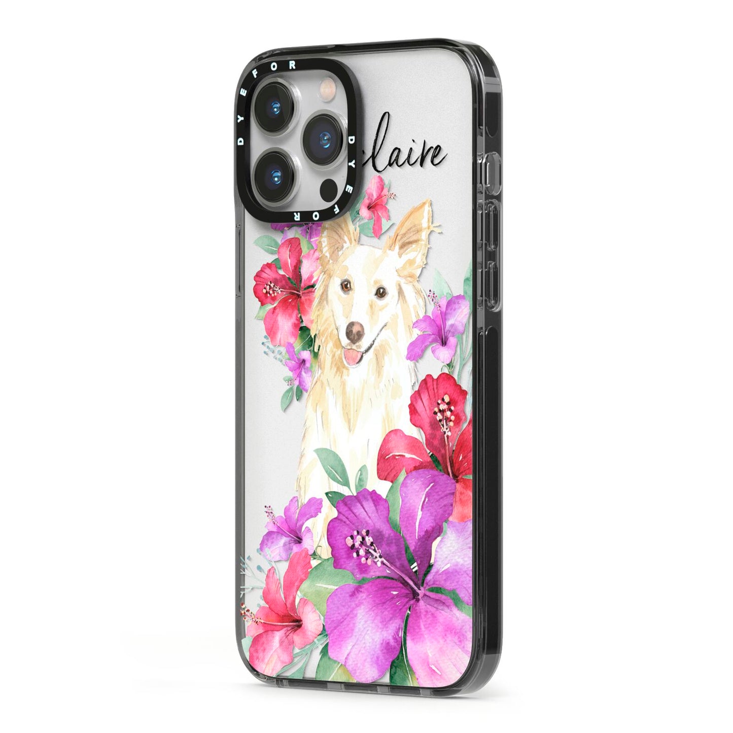 Personalised White Collie iPhone 13 Pro Max Black Impact Case Side Angle on Silver phone