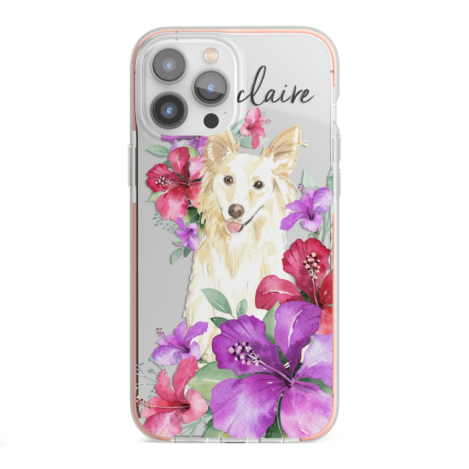 Personalised White Collie iPhone 13 Pro Max TPU Impact Case with Pink Edges